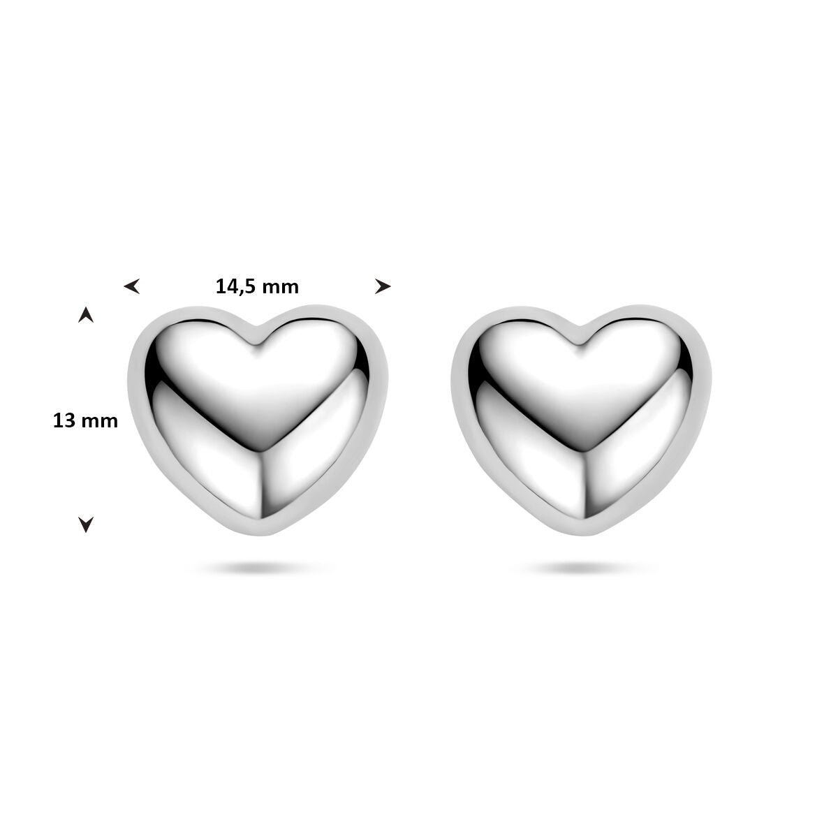Pendientes de botón de plata en forma de corazón rodiados 13 mm