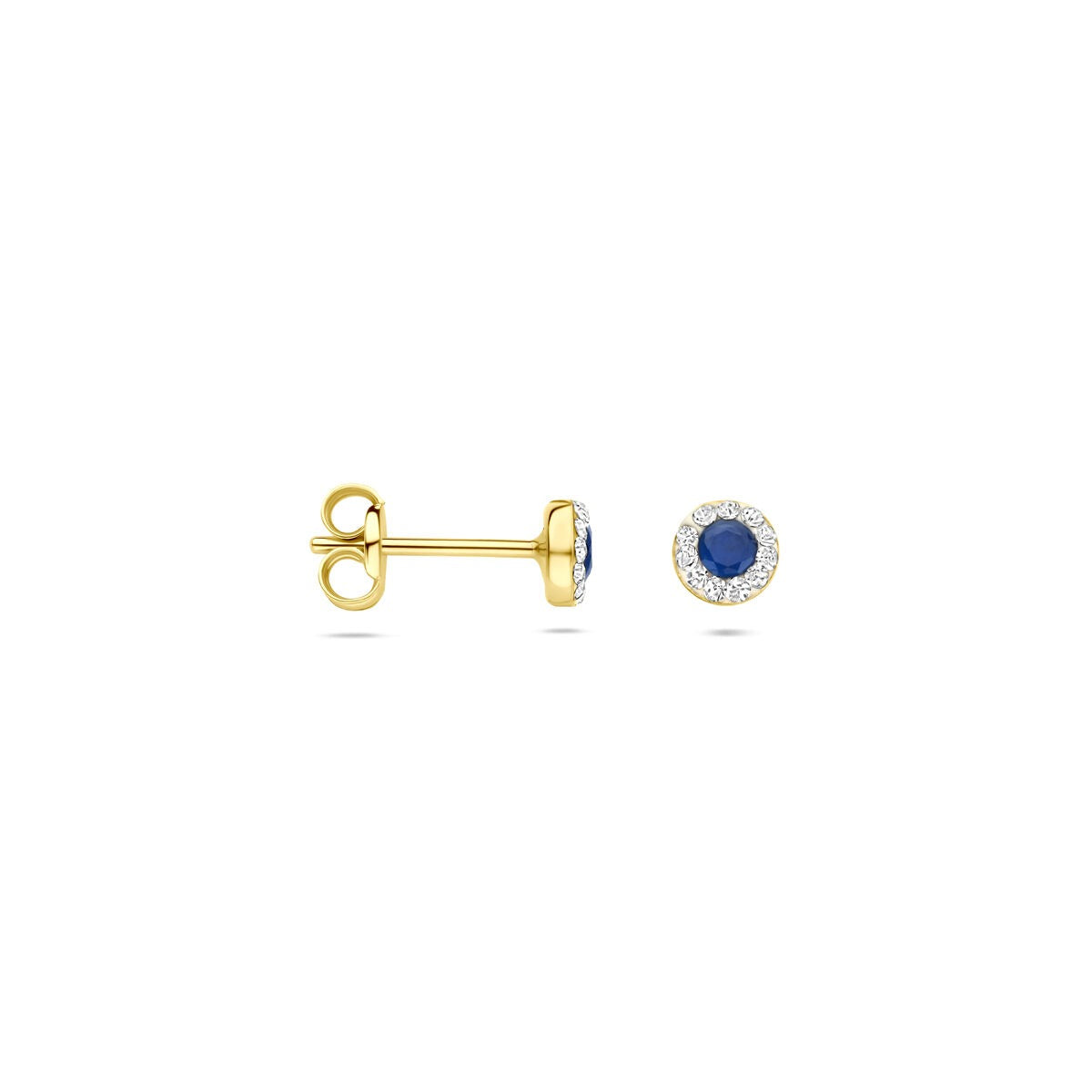 Pendientes de botón de oro amarillo con zafiro sintético y Swarovski – 4,5 mm