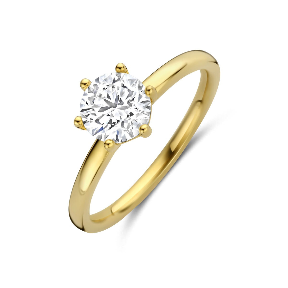 Anillo de dama en oro amarillo de 14k con diamante lab-grown, diseño clásico y brillante.