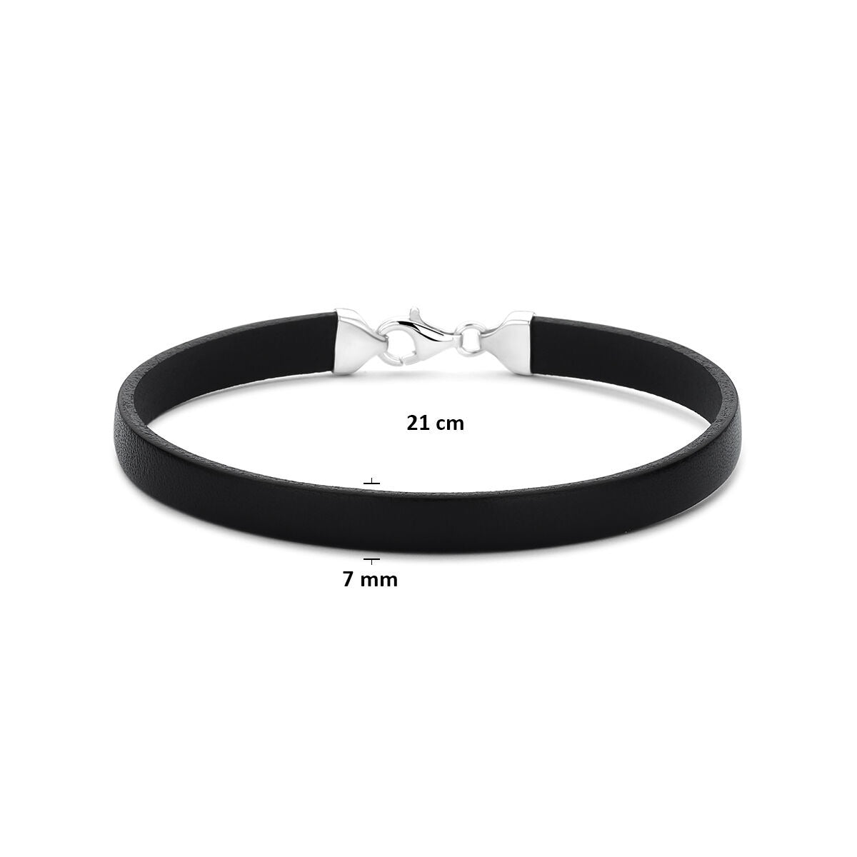 pulsera de cuero negro 7 mm 21 cm plata rodiada con goma/nylon/cuero