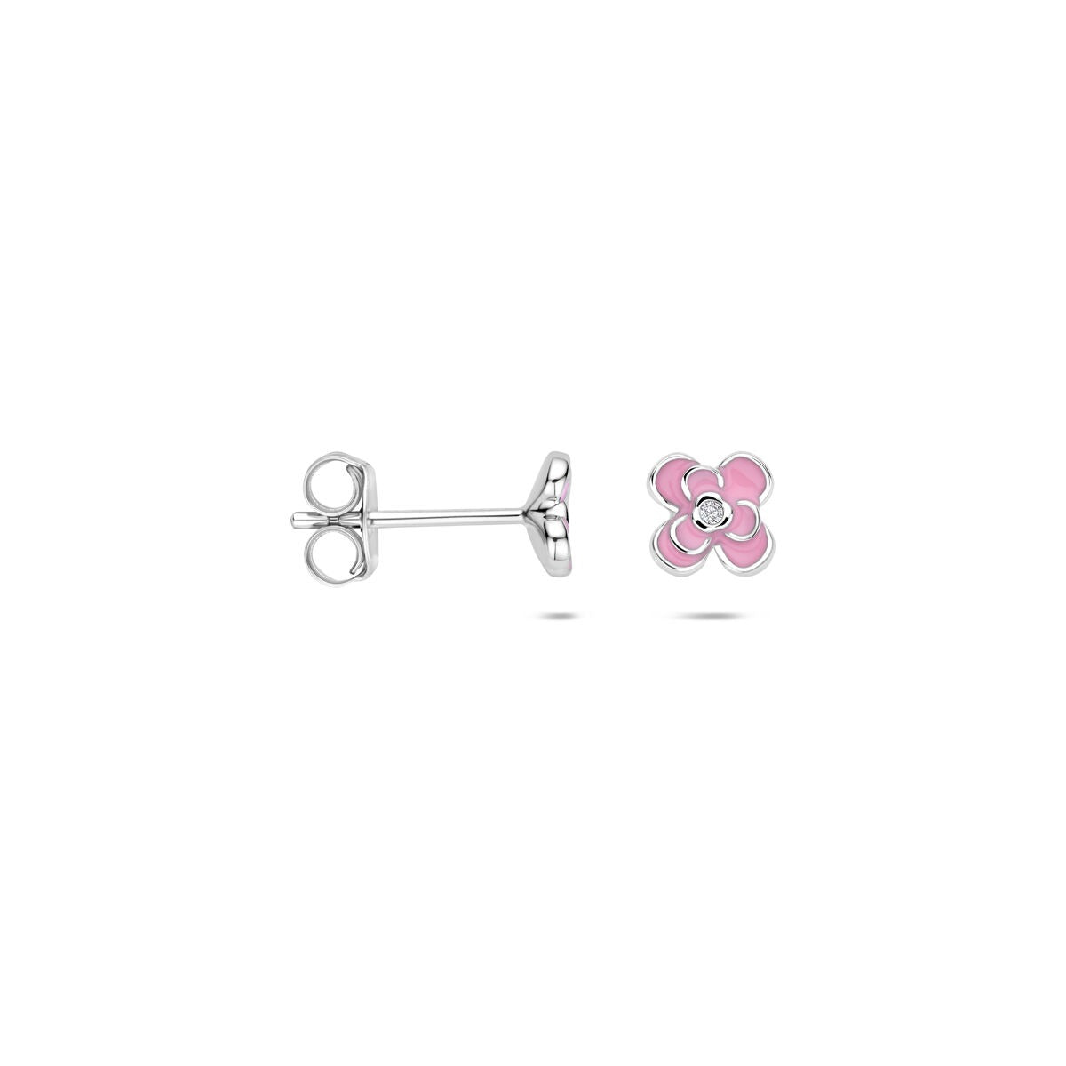Pendientes de botón de plata con circonitas y esmalte rosa - diseño de flor
