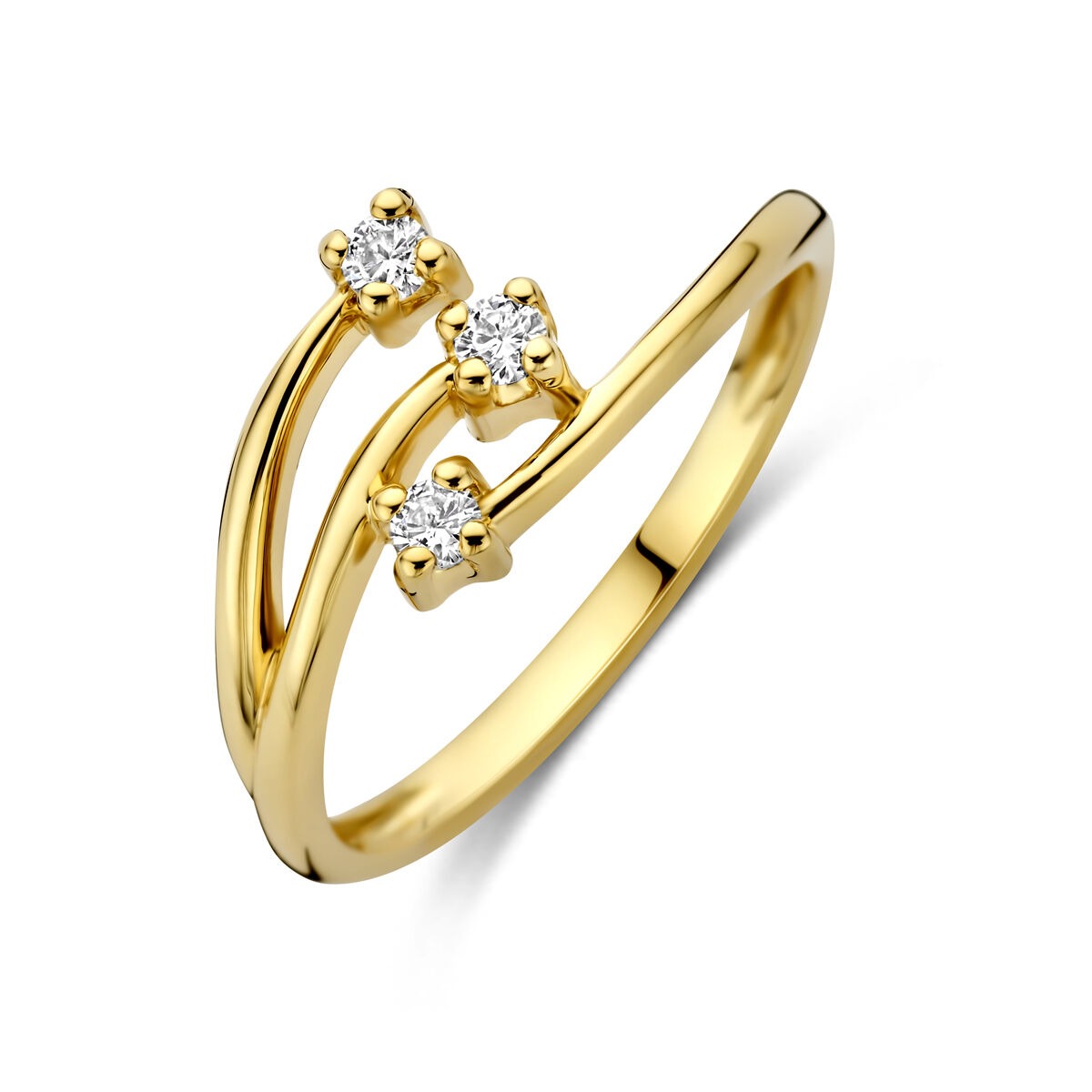 Anillo de oro amarillo de 14k con tres diamantes de cultivo lab.