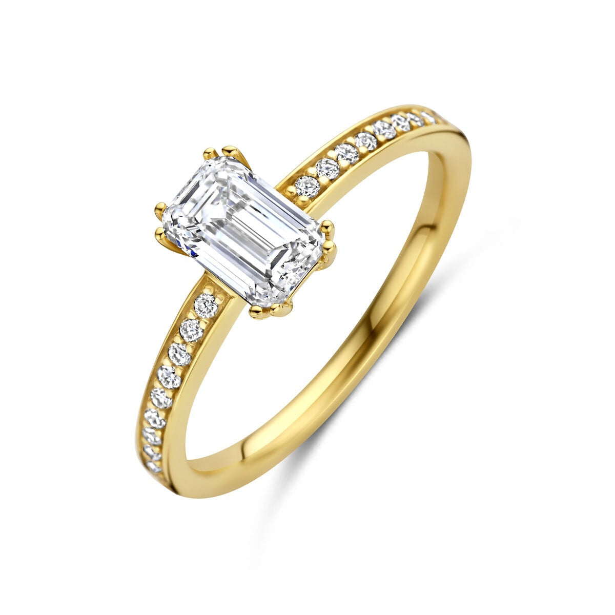 Anillo de dama en oro amarillo de 14k con diamante lab-grown y diamantes pequeños en el aro.