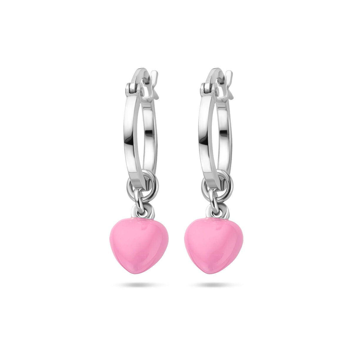 Aros infantiles de plata - rodiados con corazón de esmalte rosa
