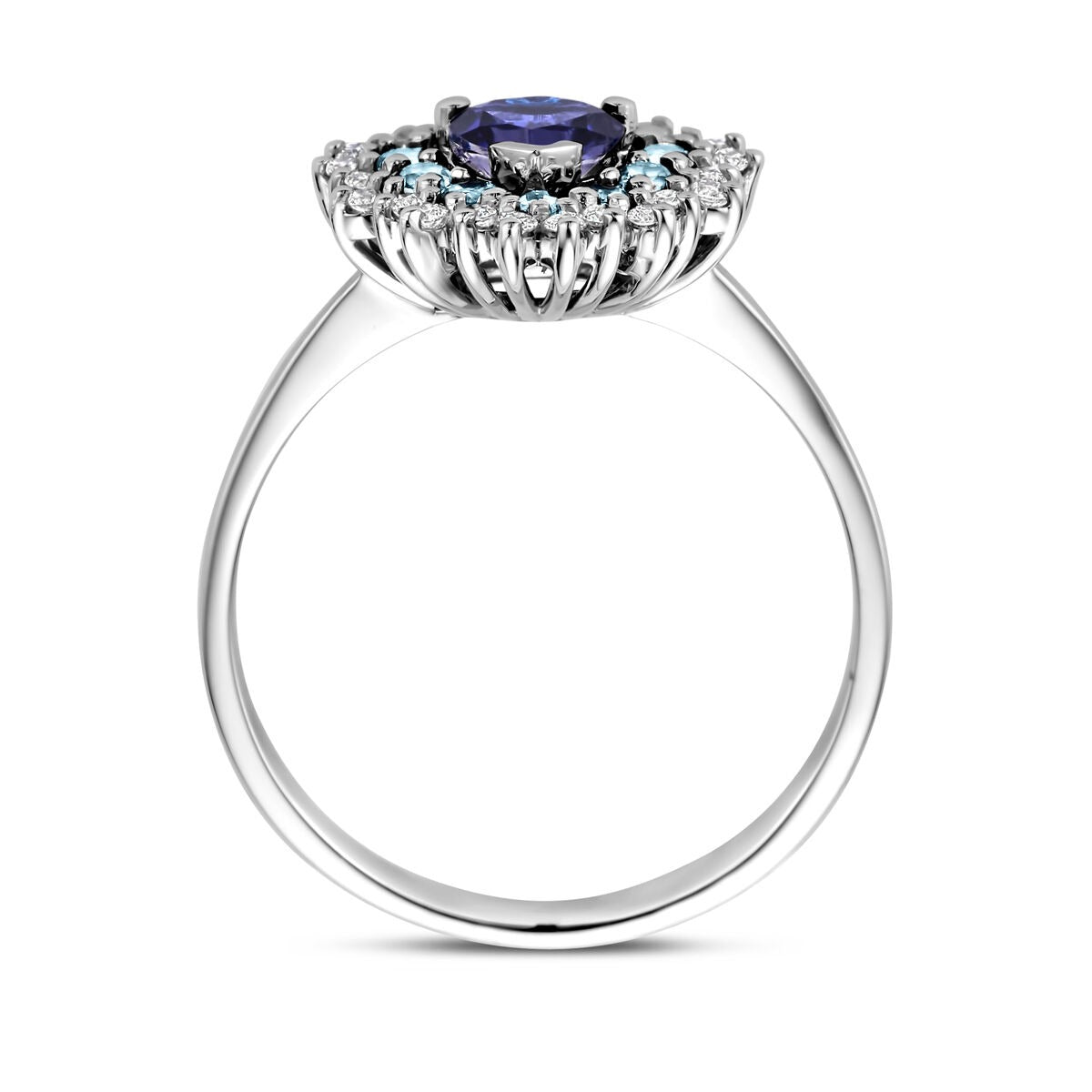 Anillo de oro blanco con forma de corazón – topacio London blue, iolita y diamante