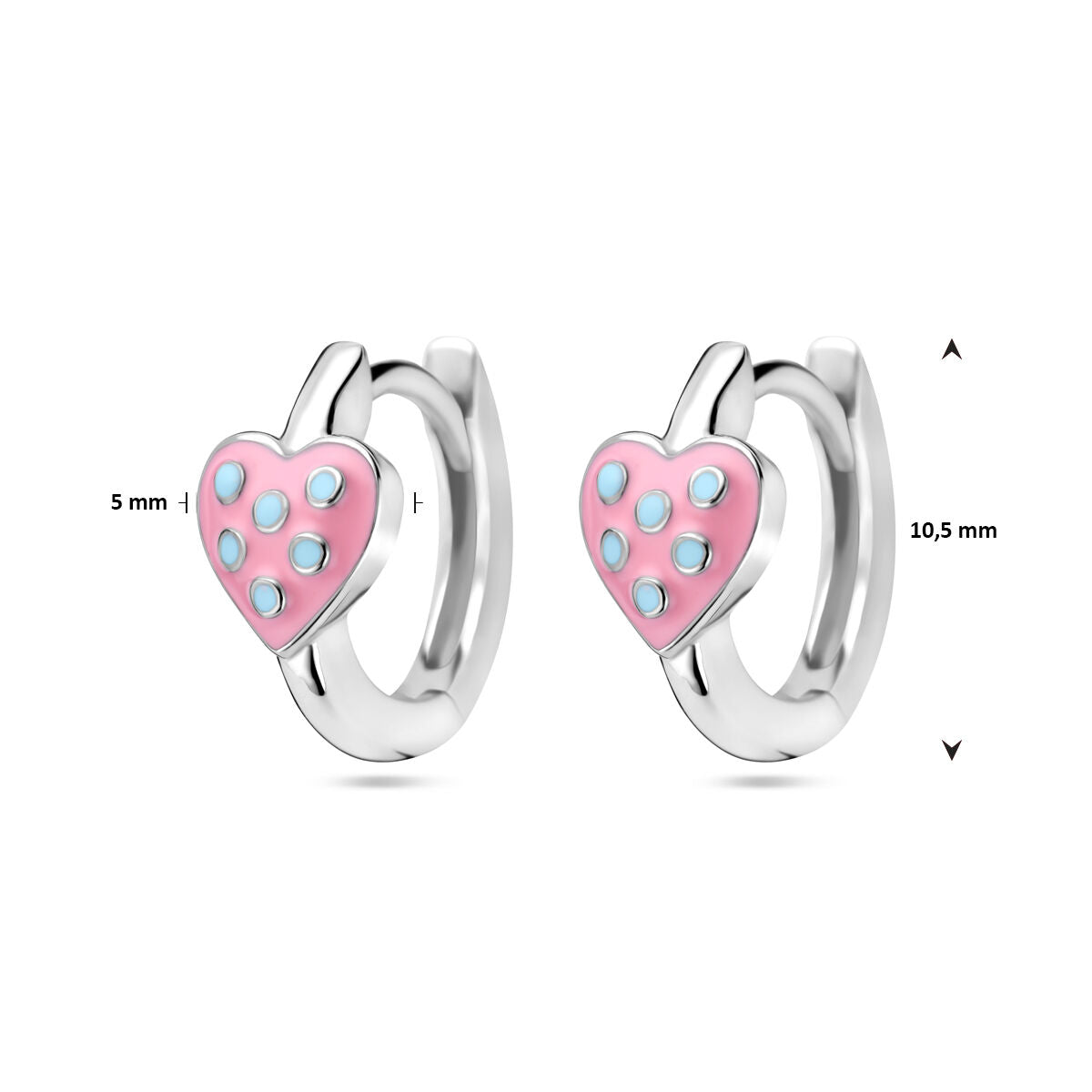 Aros infantiles de plata con corazón de esmalte rosa y turquesa