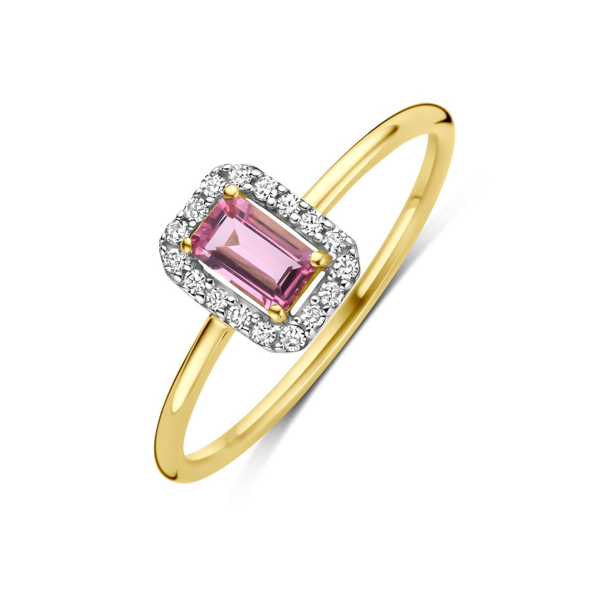 Anillo de dama en oro amarillo de 14k con turmalina rosa y diamantes brillantes.