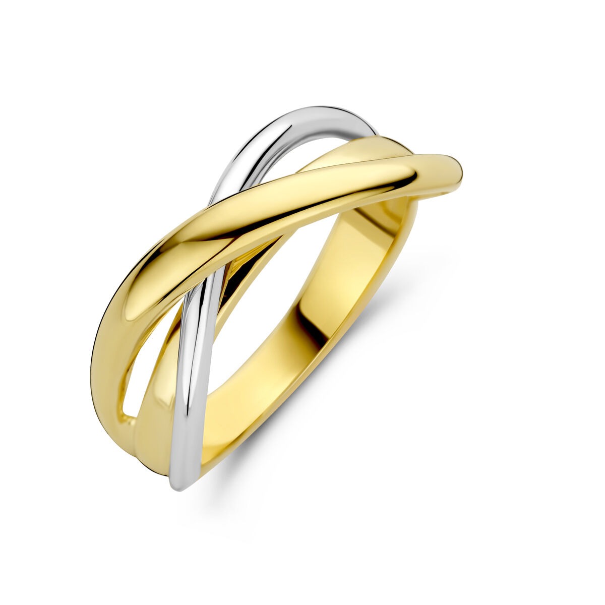 Anillo bicolor de dama en oro amarillo y blanco de 14k, con un diseño entrelazado de 8,5 mm de ancho.