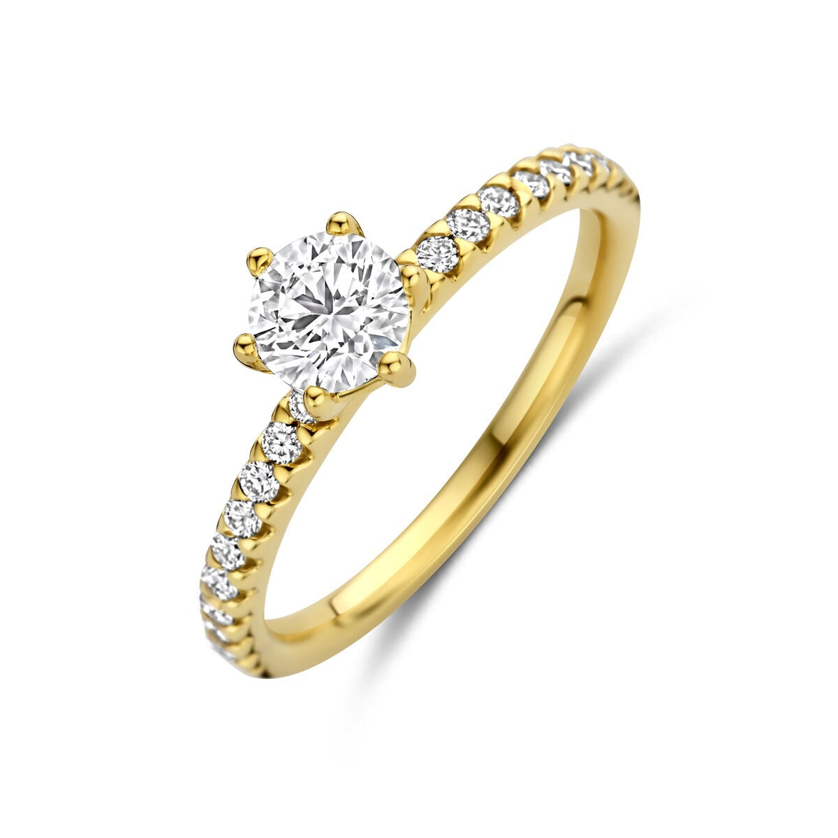 Anillo de oro amarillo de 14k con diamante lab-grown y piedras brillantes en el aro.