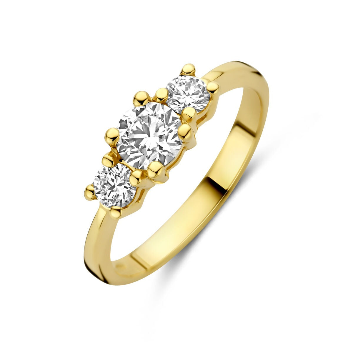 Anillo de oro amarillo de 14k con diamantes lab-grown, tres piedras brillantes en un diseño elegante.