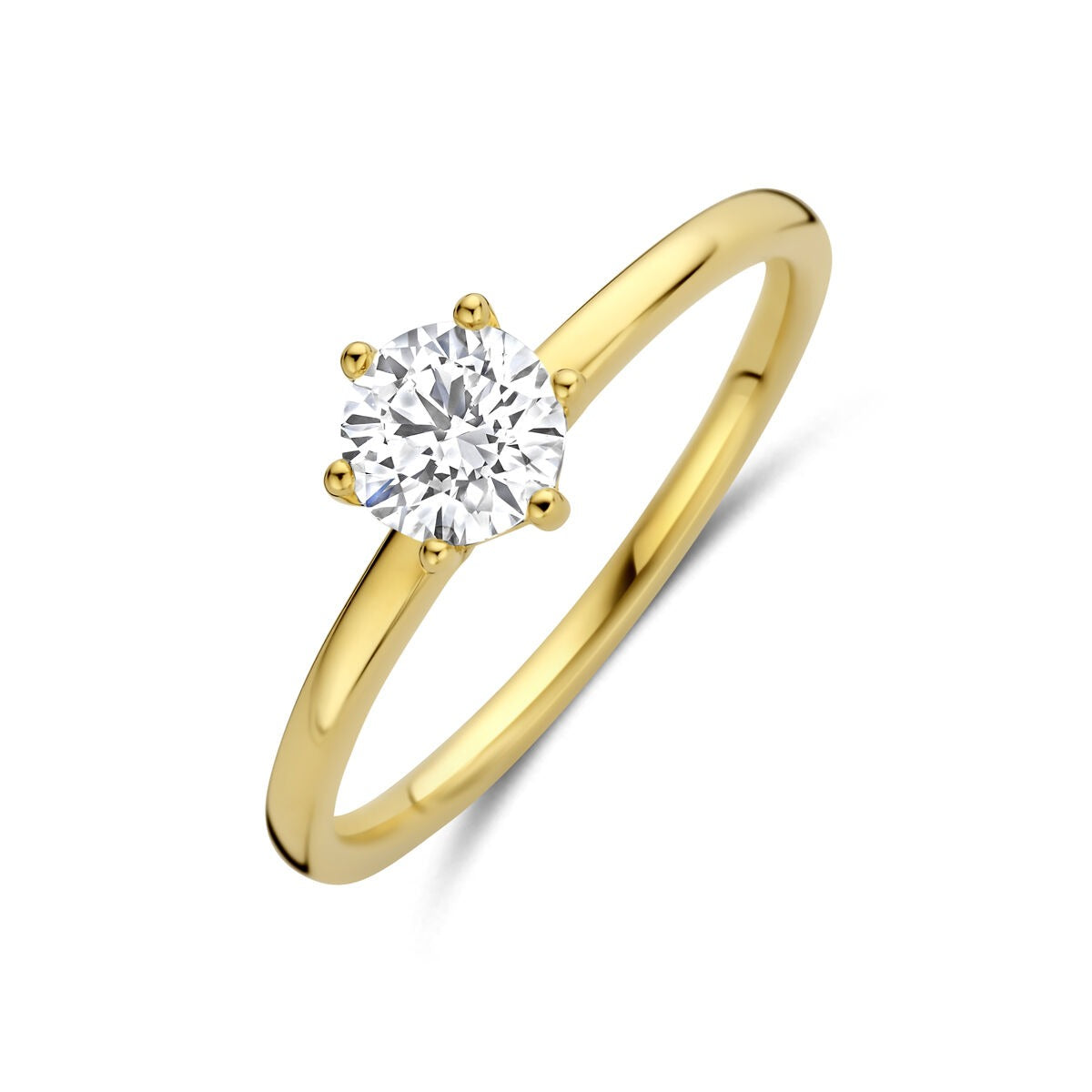 Anillo de dama en oro amarillo de 14k con diamante lab-grown, diseño sencillo y brillante.