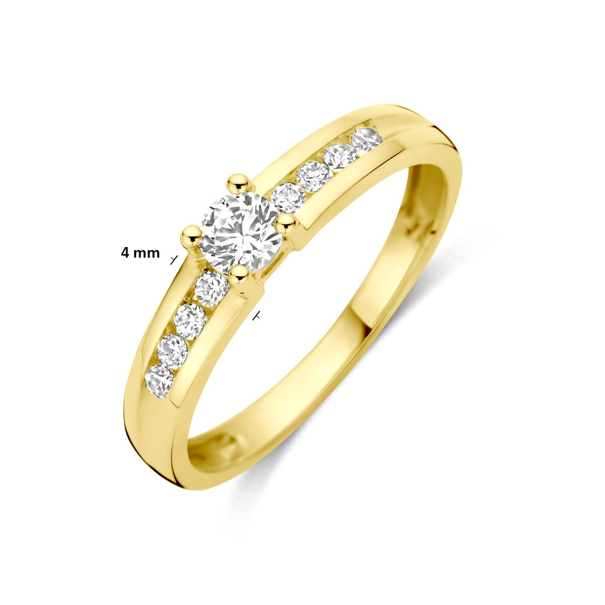 Anillo de compromiso en oro – 9k oro amarillo con circonitas, 4 mm de ancho