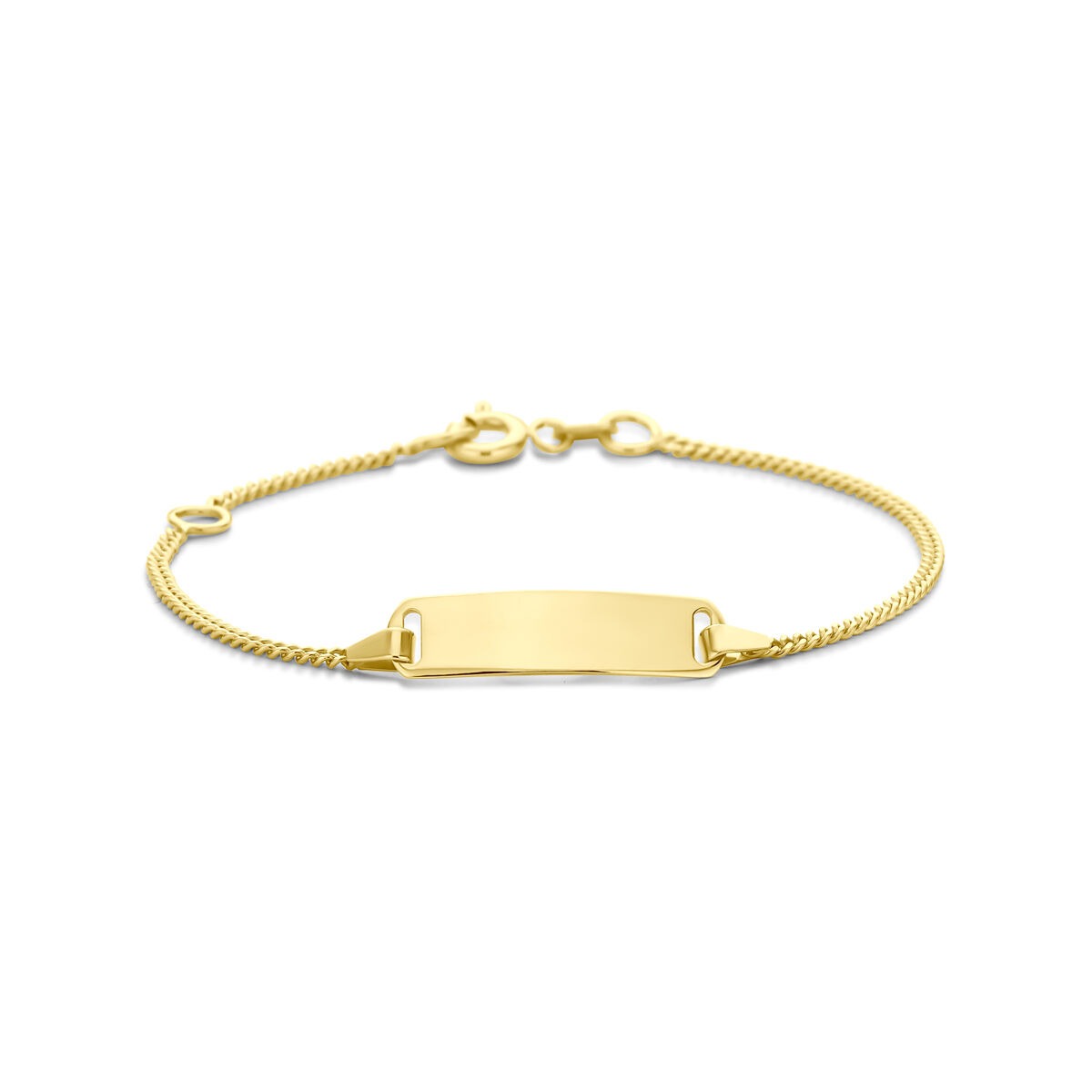 Pulsera de grabado en oro amarillo de 14k para niños con una placa lisa y cadena trenzada.