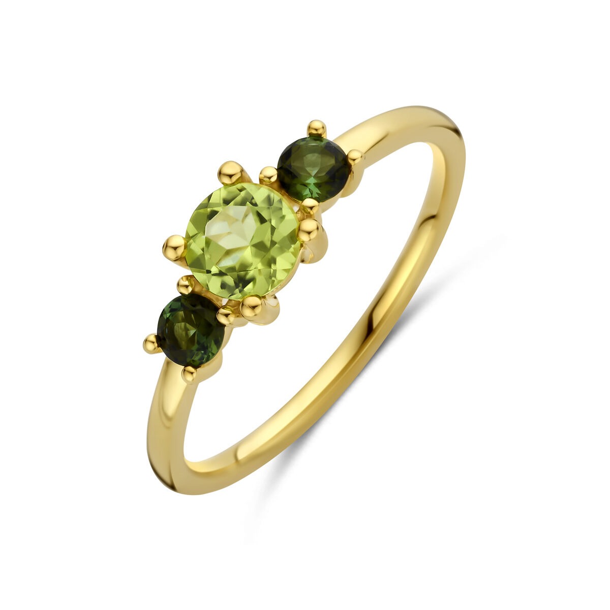 Anillo de oro amarillo de 14k con peridoto y turmalina, con tres piedras preciosas en un diseño delicado.