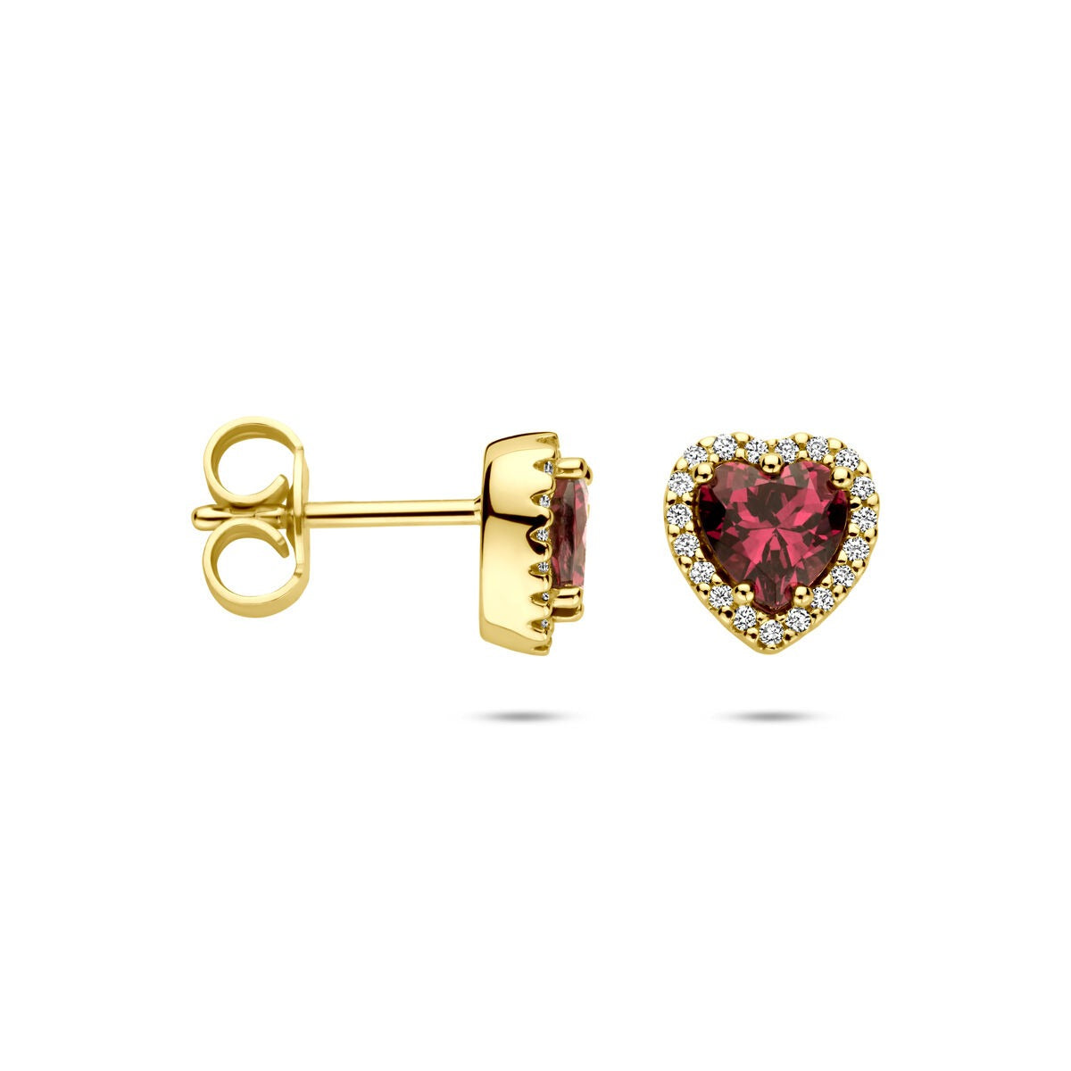 Pendientes de botón en oro amarillo de 14k con corazón de rodolita y diamante - 0.10ct