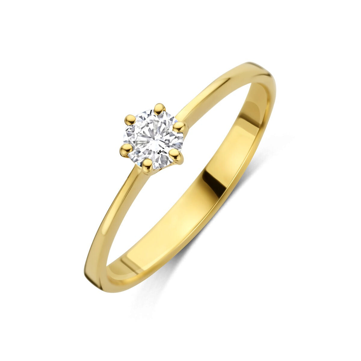 Anillo de oro amarillo de 14k con diamante cultivado en laboratorio, diseño sencillo y brillante.