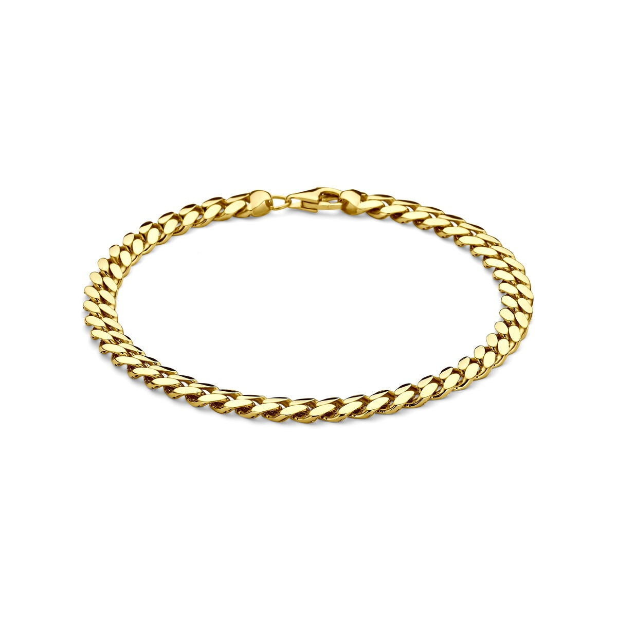 Pulsera de hombre en oro de 14k con eslabones gourmette, diseño trenzado y cierre de gancho.