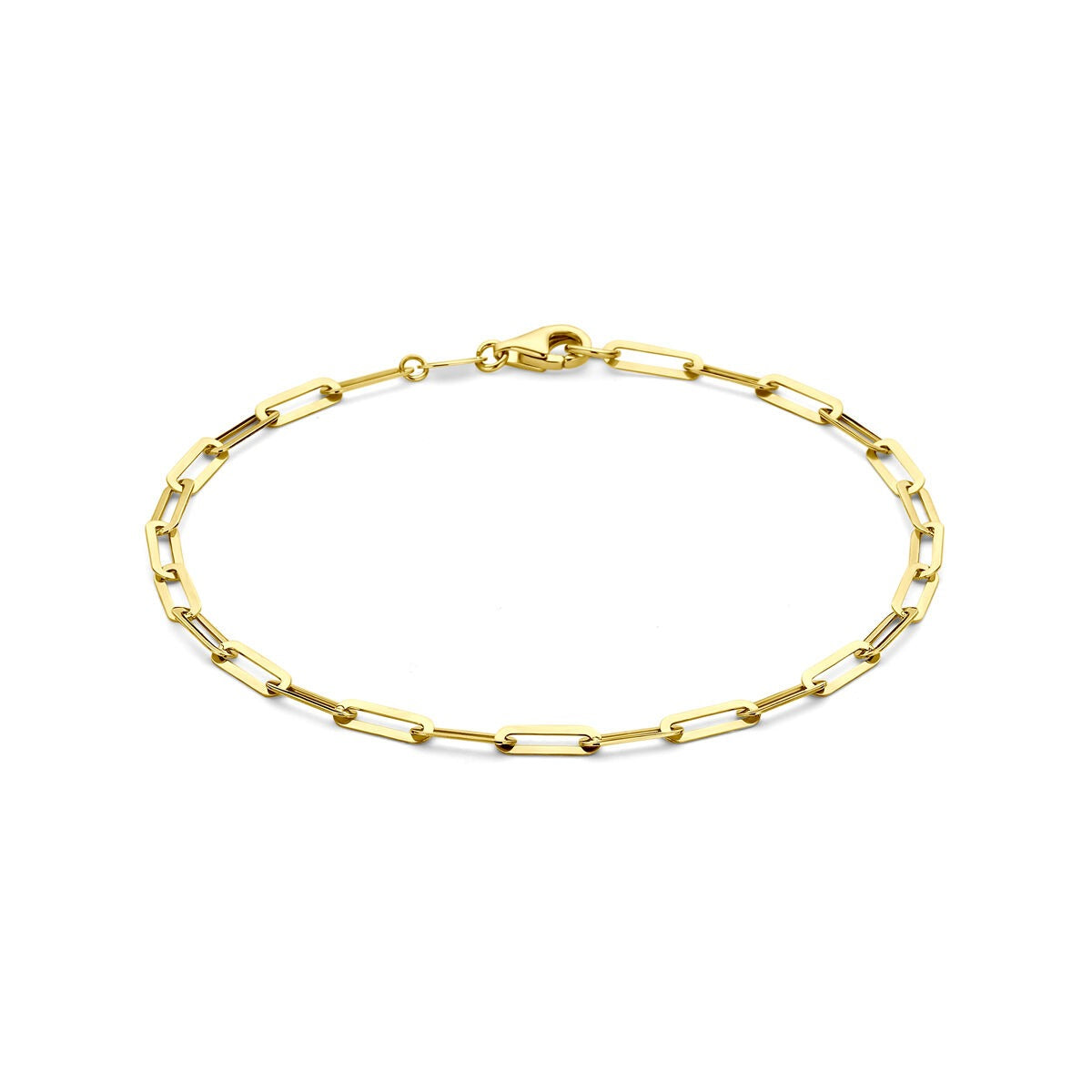 Pulsera dorada de ancla de 14k con eslabones alargados y cierre de langosta.