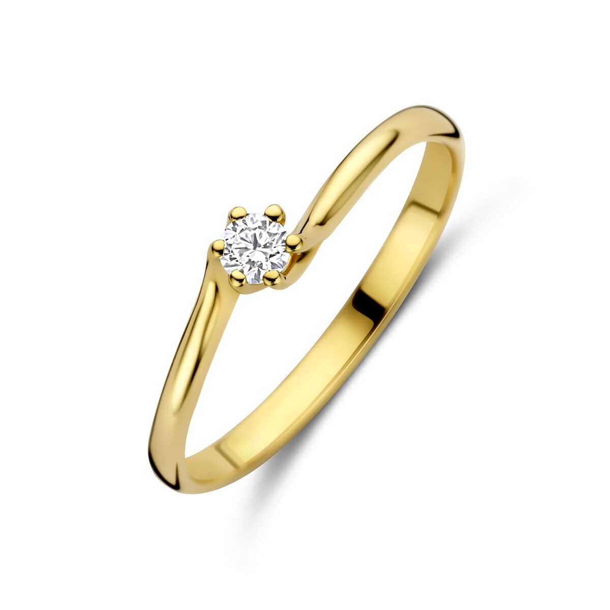 Anillo de oro amarillo de 14k con diamante cultivado en laboratorio, diseño delicado y brillante.