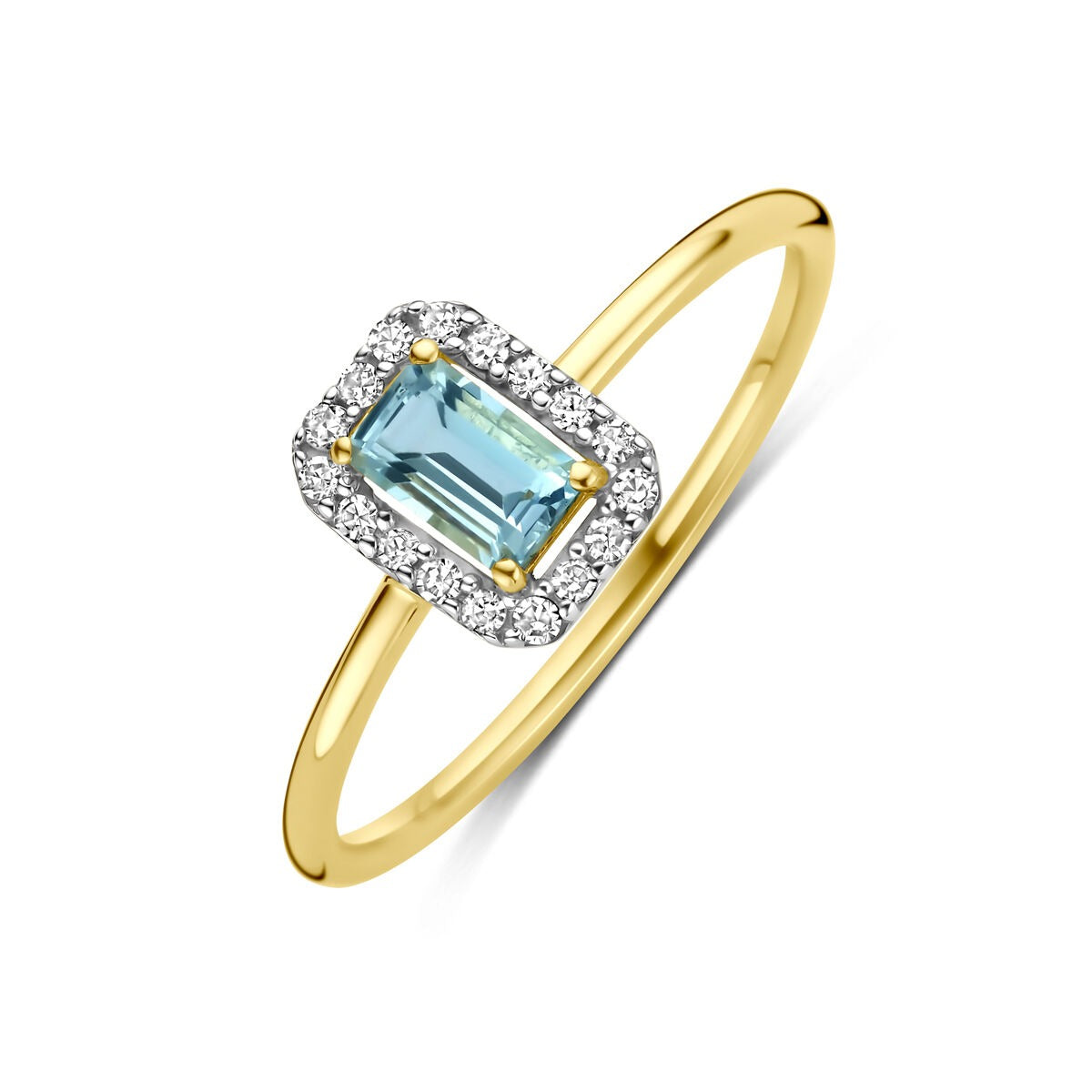 Anillo de dama en oro amarillo de 14k con aquamarina rectangular y diamantes alrededor.