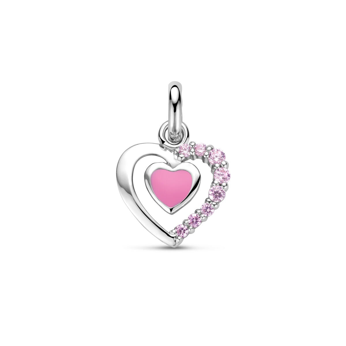 Colgante de plata con corazón de esmalte rosa y circonitas brillantes.