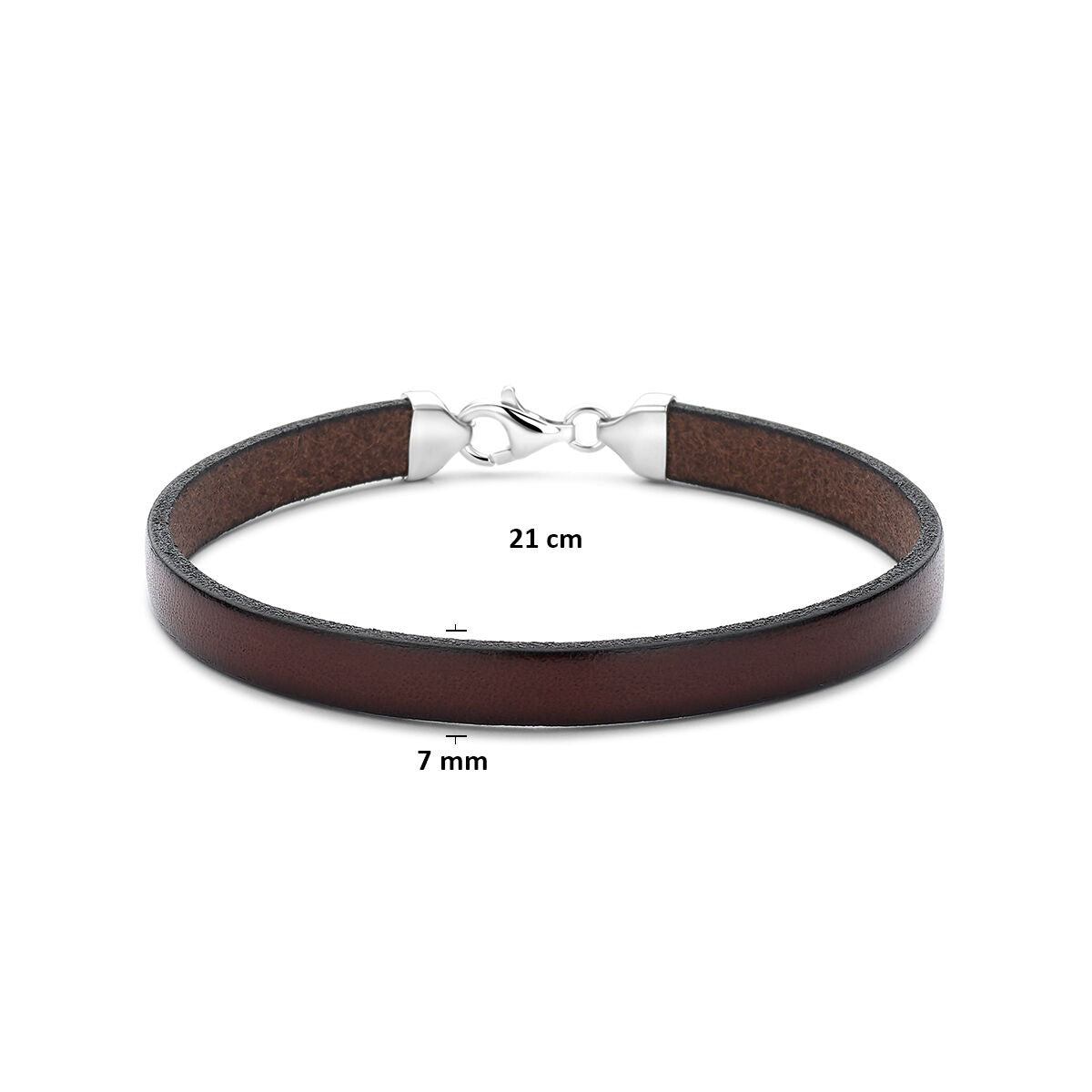 pulsera de cuero marrón 7 mm 21 cm plata rodiada con goma/nylon/cuero