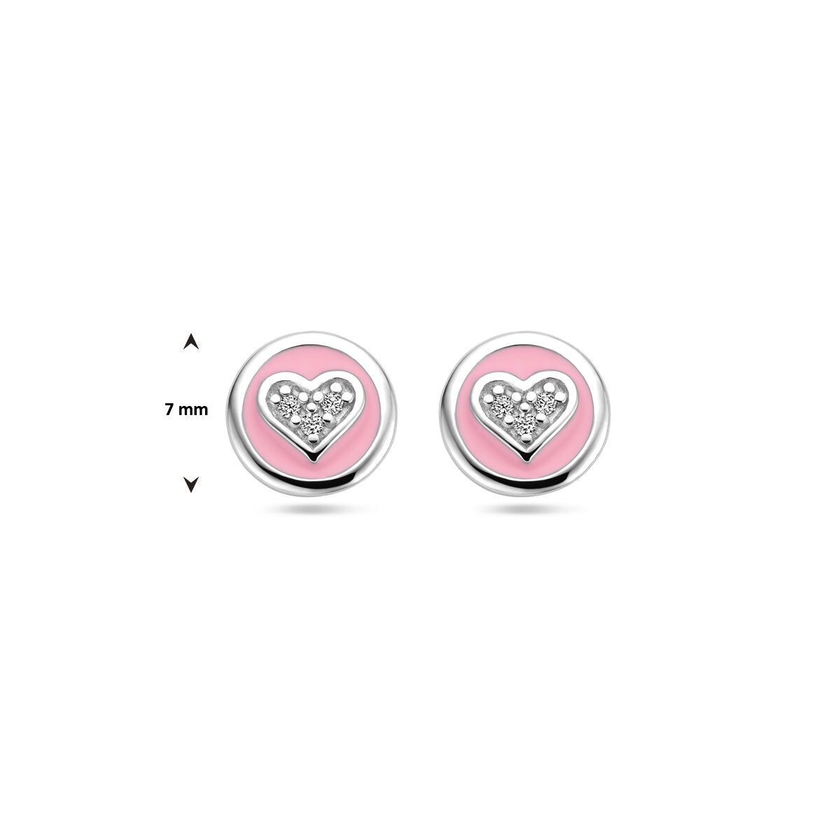 Pendientes infantiles de plata con esmalte rosa y corazón de circonita