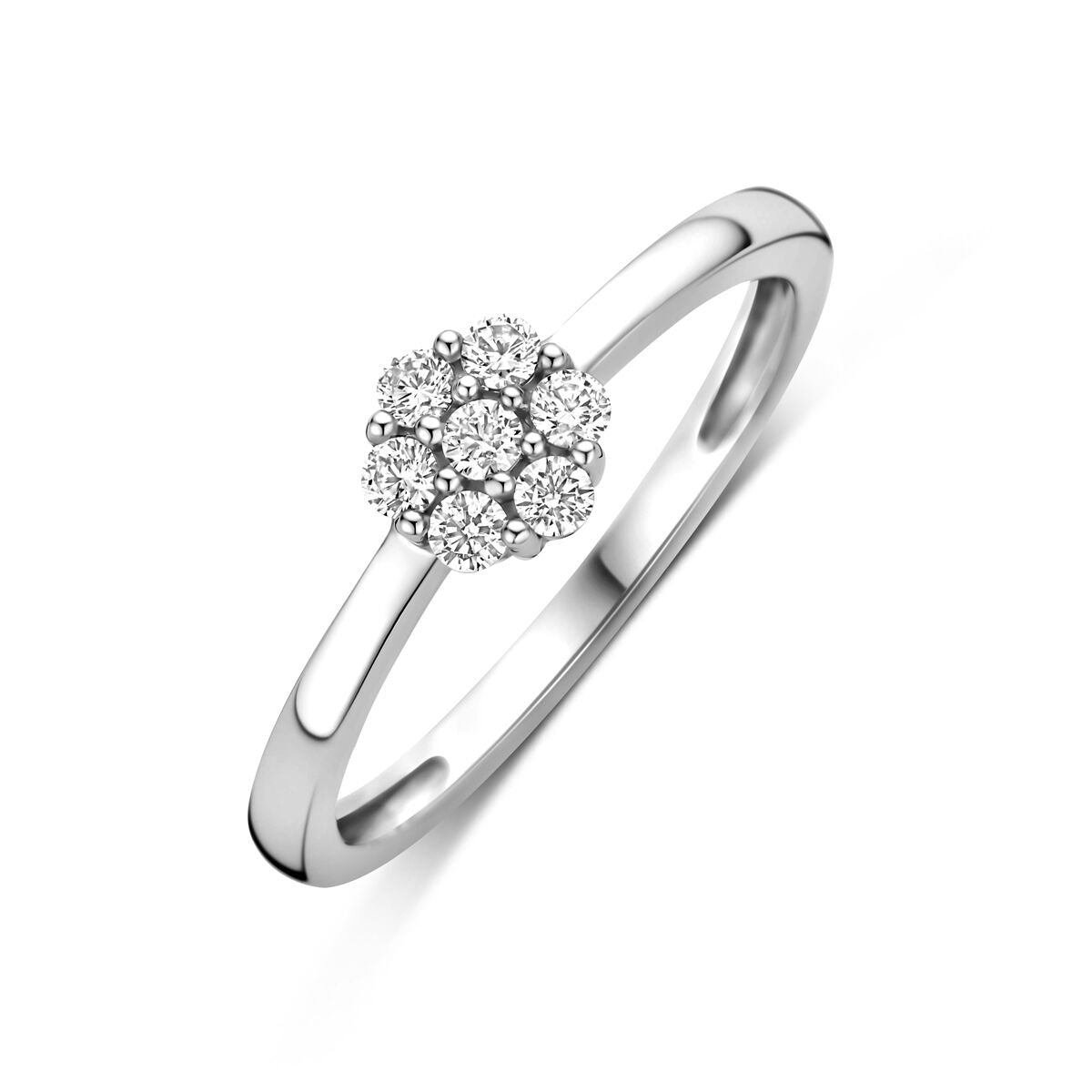Anillo de plata para dama con una zirconia solitaria de 6 mm en forma de flor.
