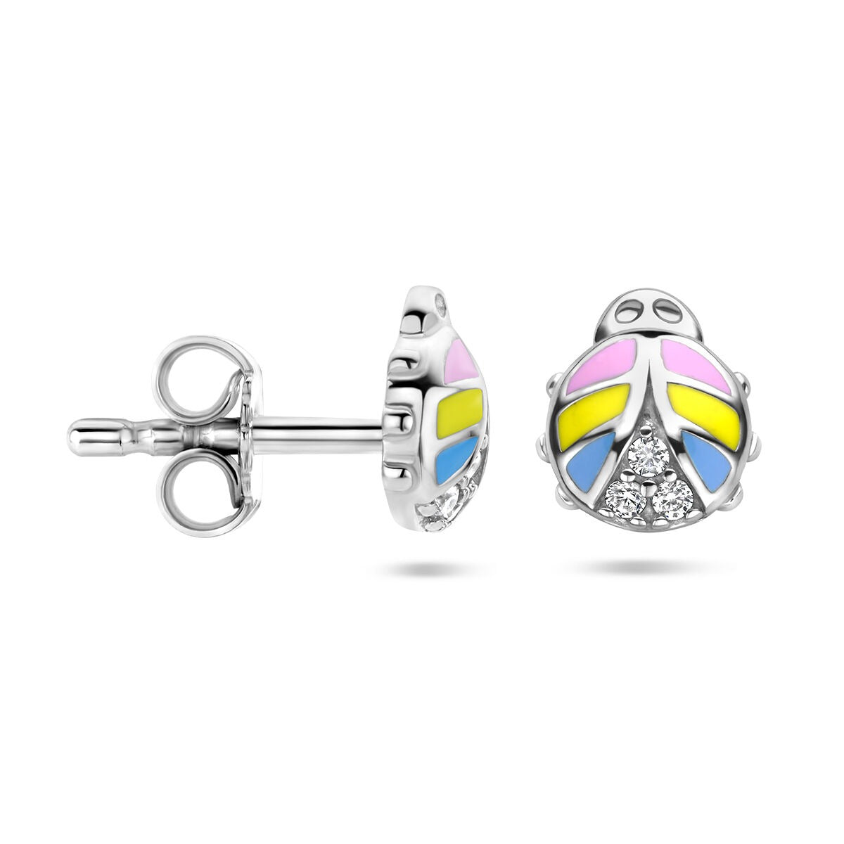 Pendientes de botón de plata rodiada con mariquita y circonitas