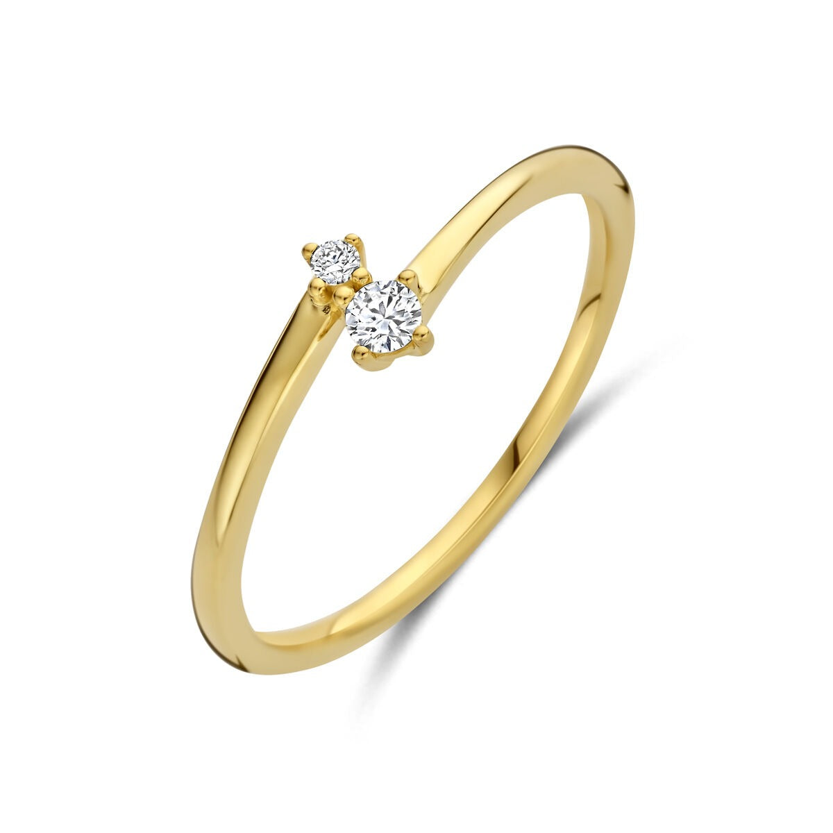 Anillo de dama en oro amarillo de 14k con dos diamantes brillantes.