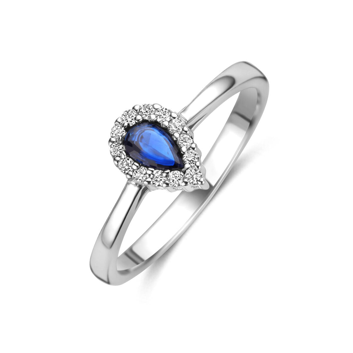 Anillo de plata rodiada para dama con zafiro en forma de pera y circonitas brillantes.