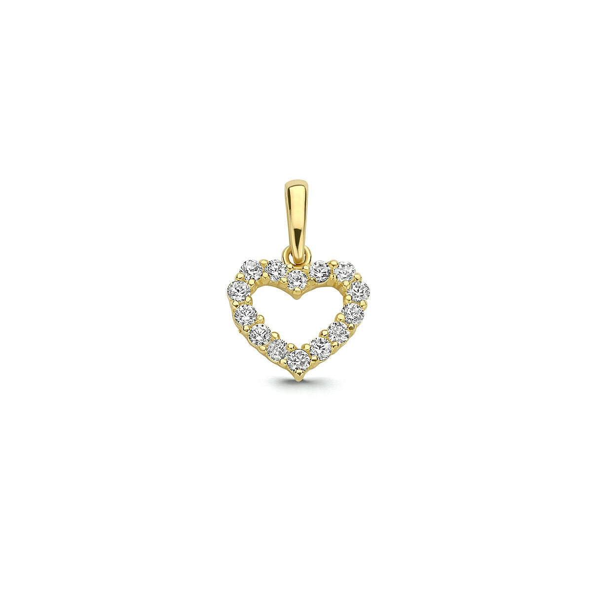 Colgante de corazón en oro amarillo de 9 quilates con circonitas brillantes.