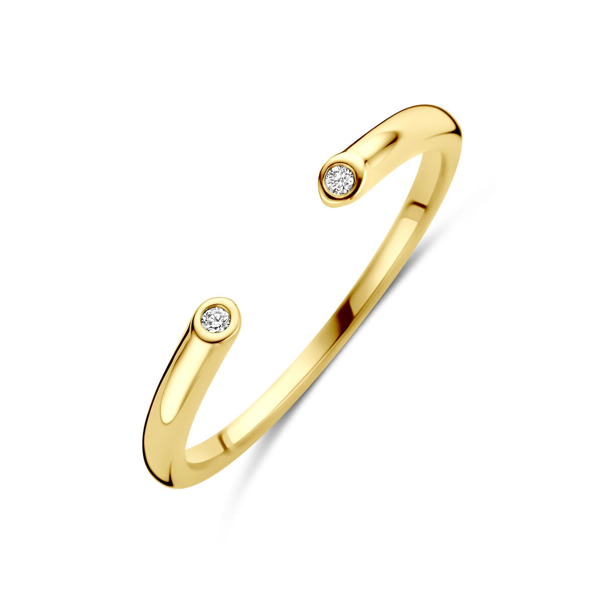 Anillo dorado de 14k con diamantes en ambos extremos.