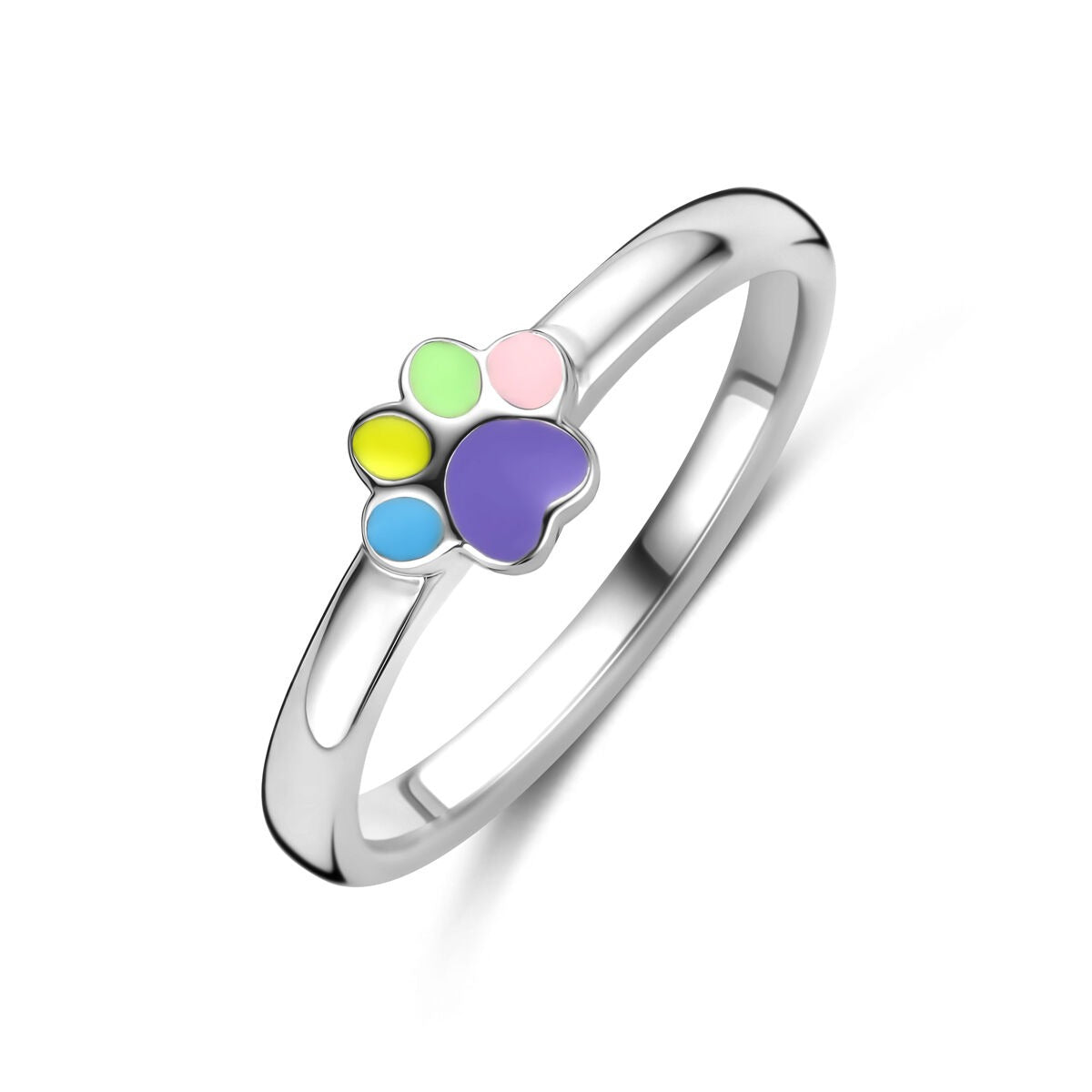 Anillo infantil de plata con diseño de huella de perro en esmalte de colores.