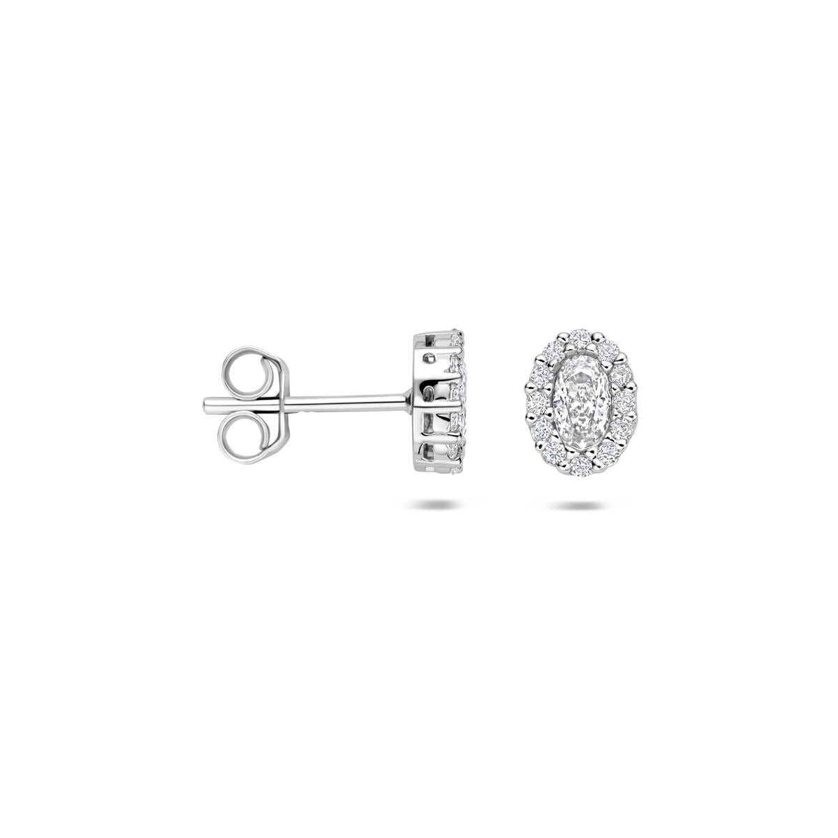 Pendientes de botón de plata rodiada con zirconia ovalada