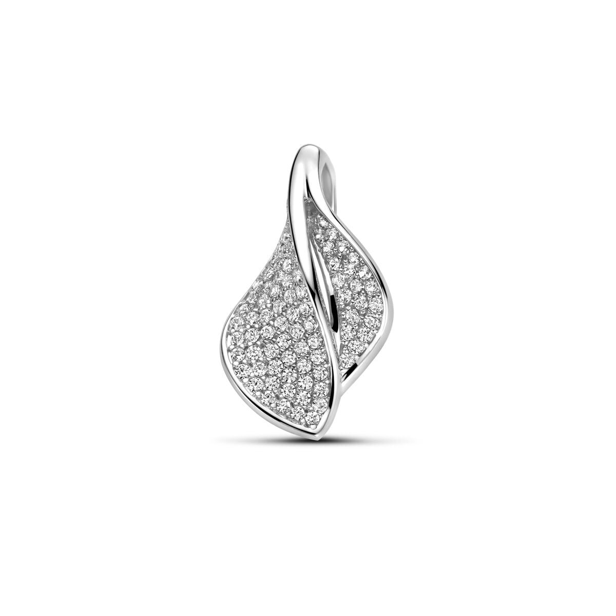 Colgante de plata rodiada 925 con zircónias, en forma de hoja con un diseño ondulado.