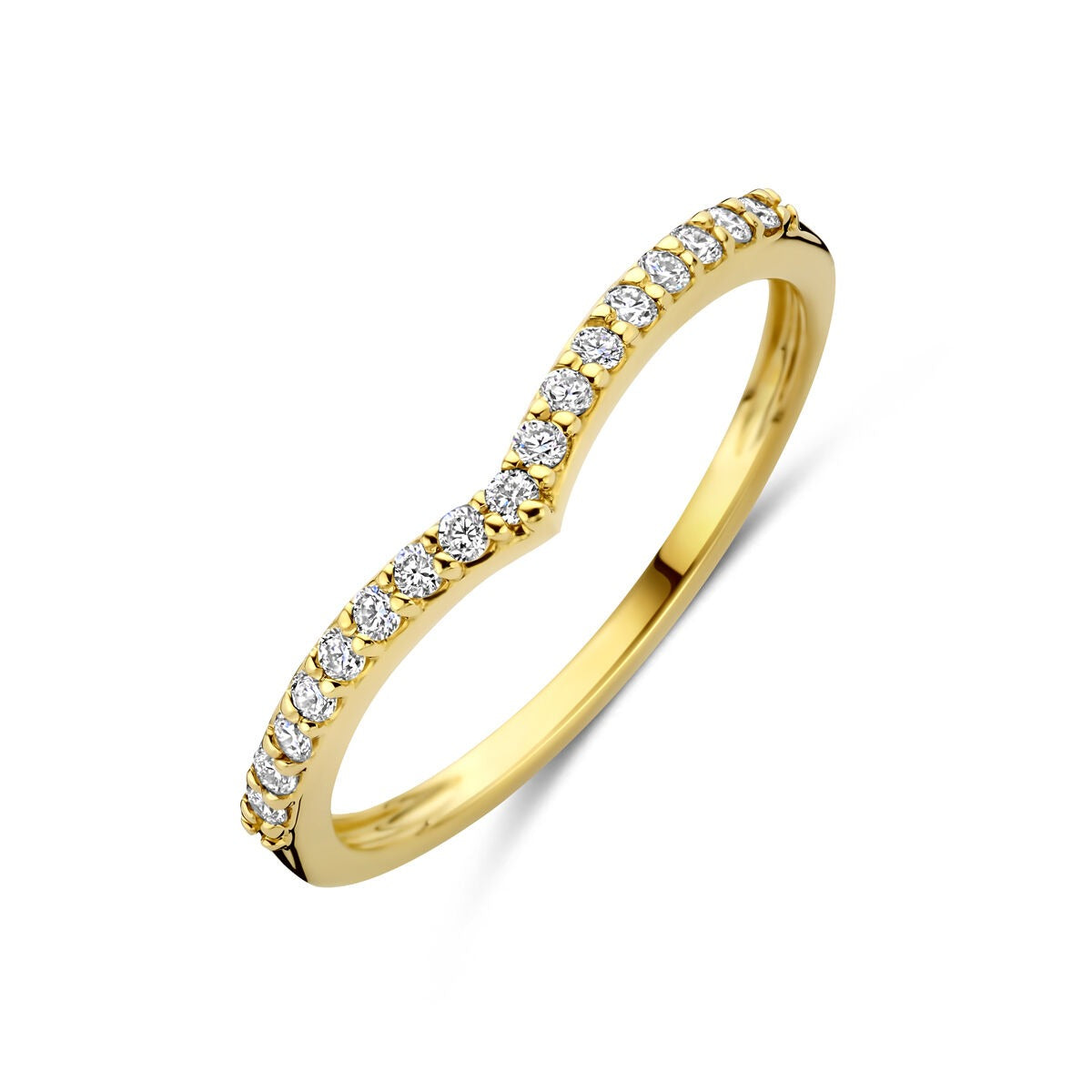 Anillo de oro amarillo de 14k con diamantes lab-grown en un diseño ondulado.