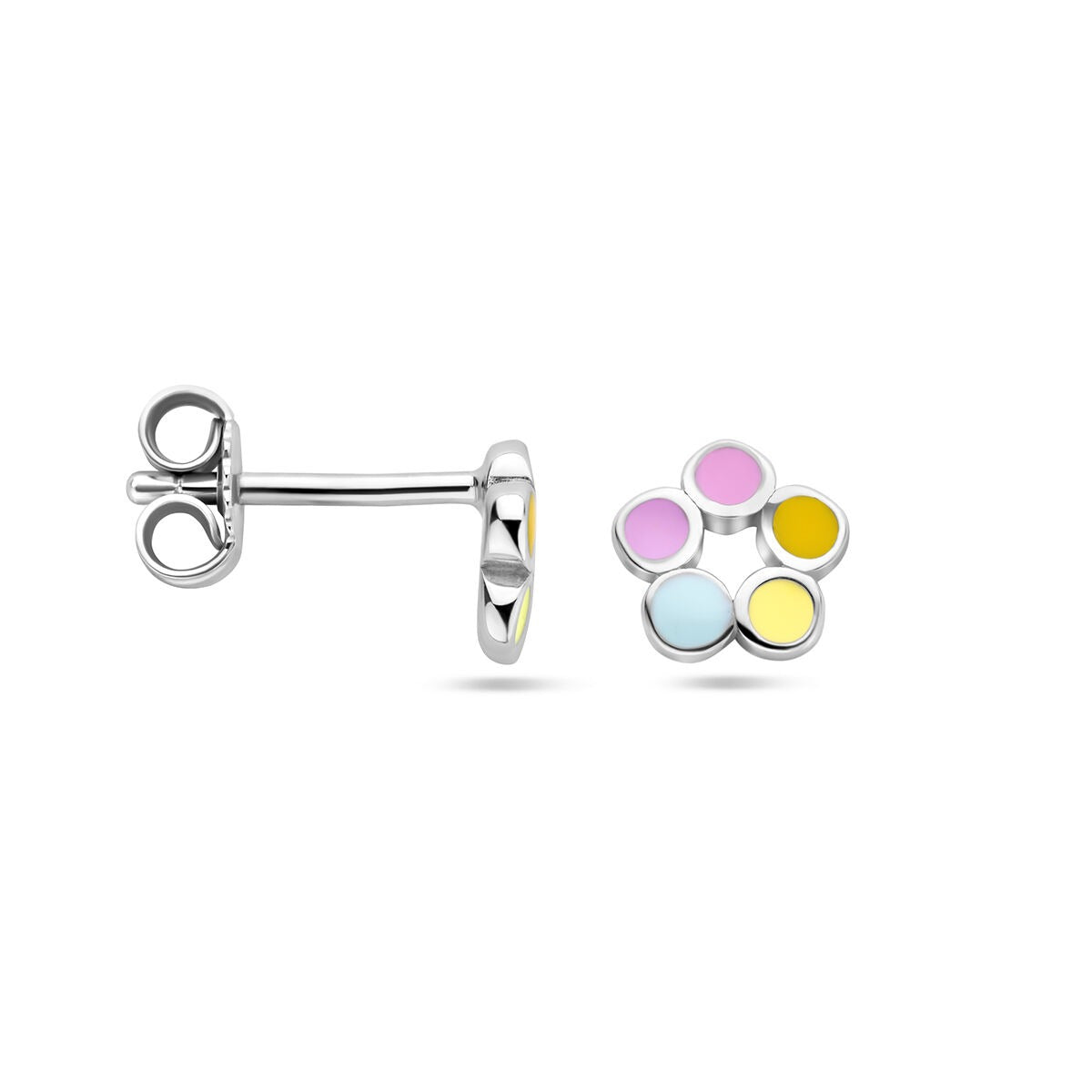Pendientes de botón de plata rodiada Flor