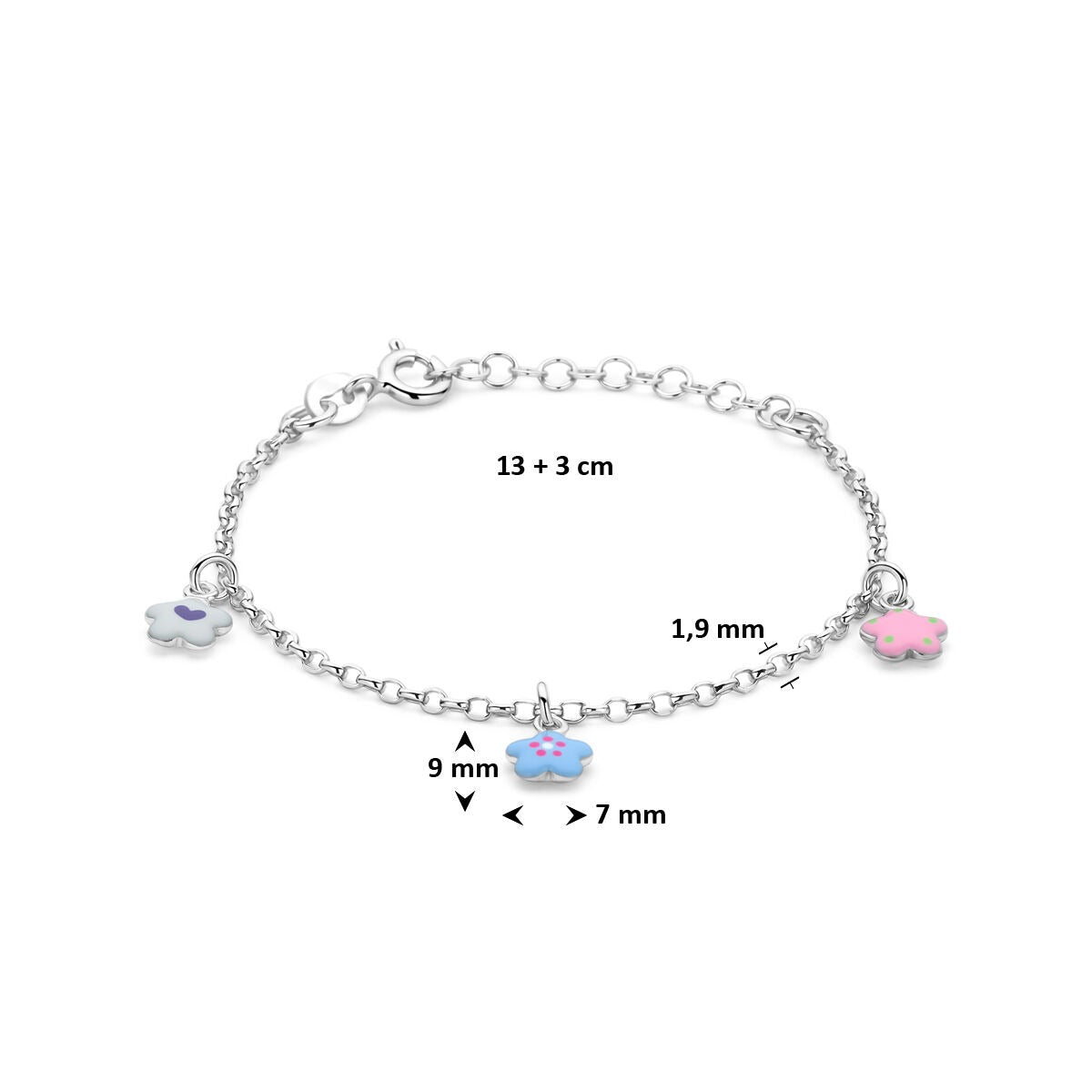 Pulsera infantil de plata 925k rodiada con flores y esmalte