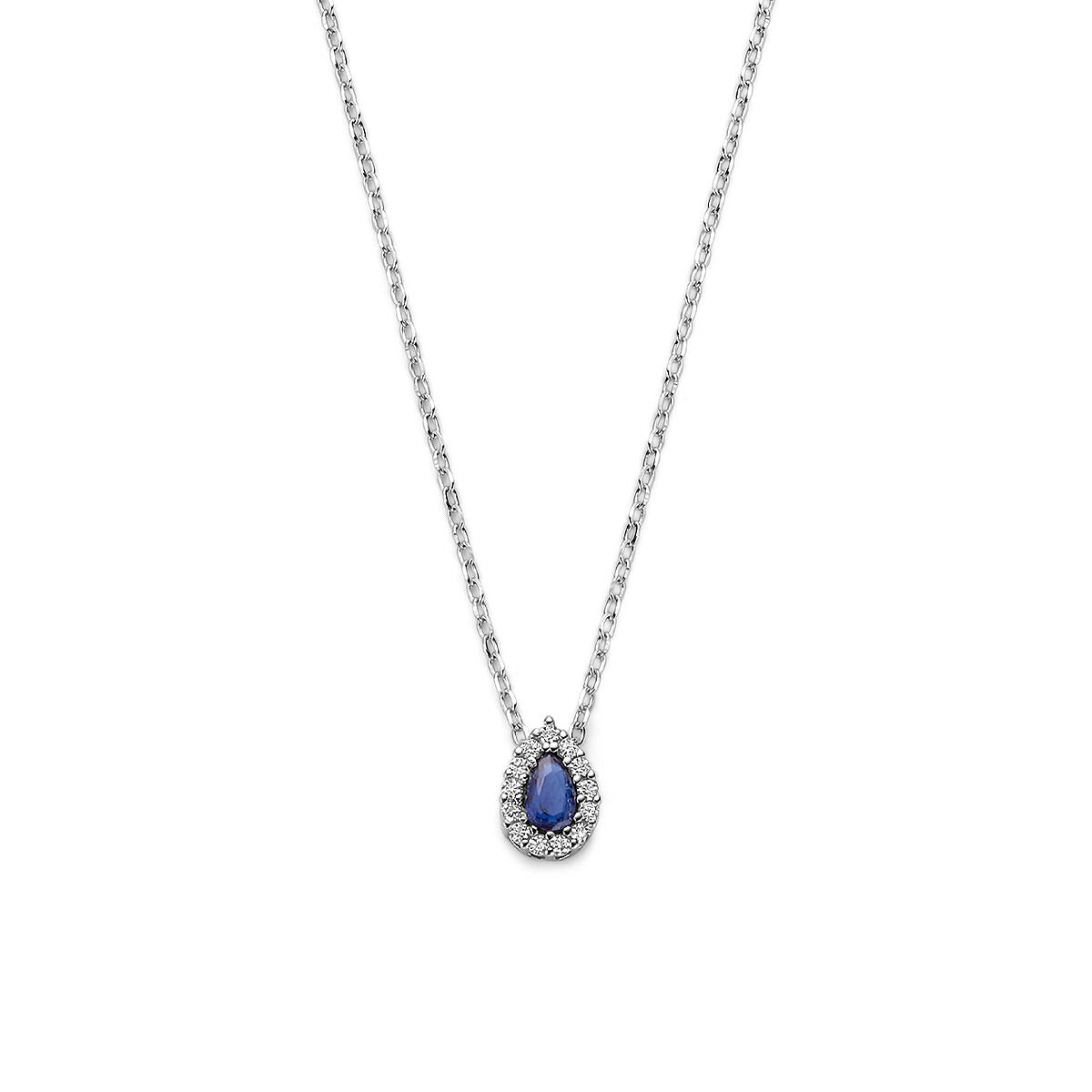 Cadena de plata con colgante en forma de pera de zafiro y circonitas, acabado en rodio.