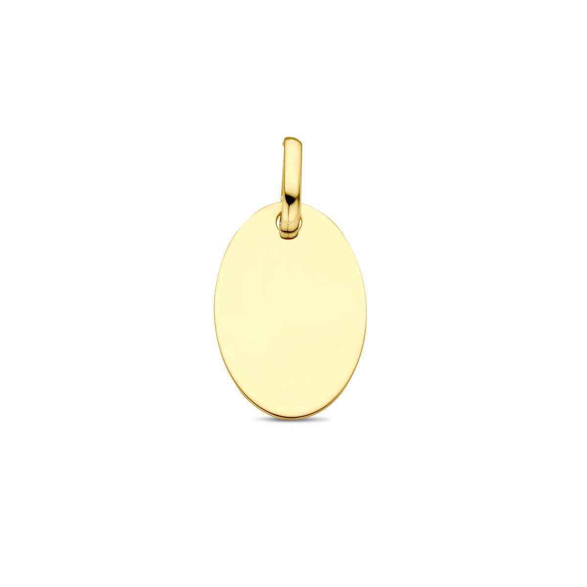 Colgante ovalado en color dorado de 9 quilates, con superficie lisa y brillante.