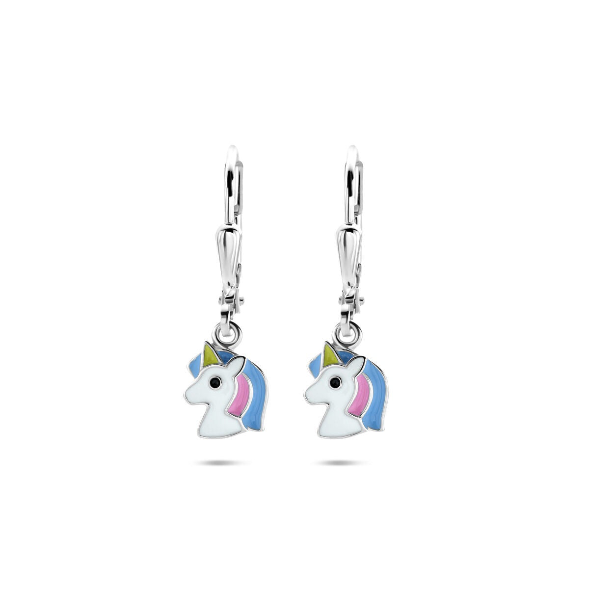Pendientes de niña de plata con esmalte de caballo, chapados en rodio.