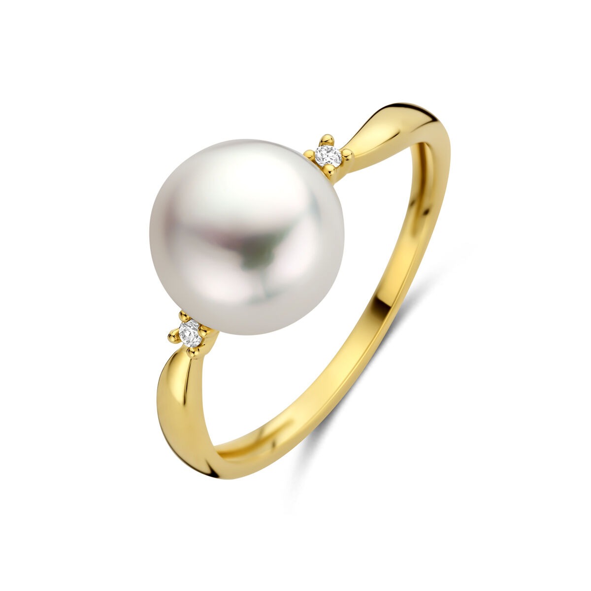 Anillo de dama en oro amarillo de 14k con una perla y diamantes.