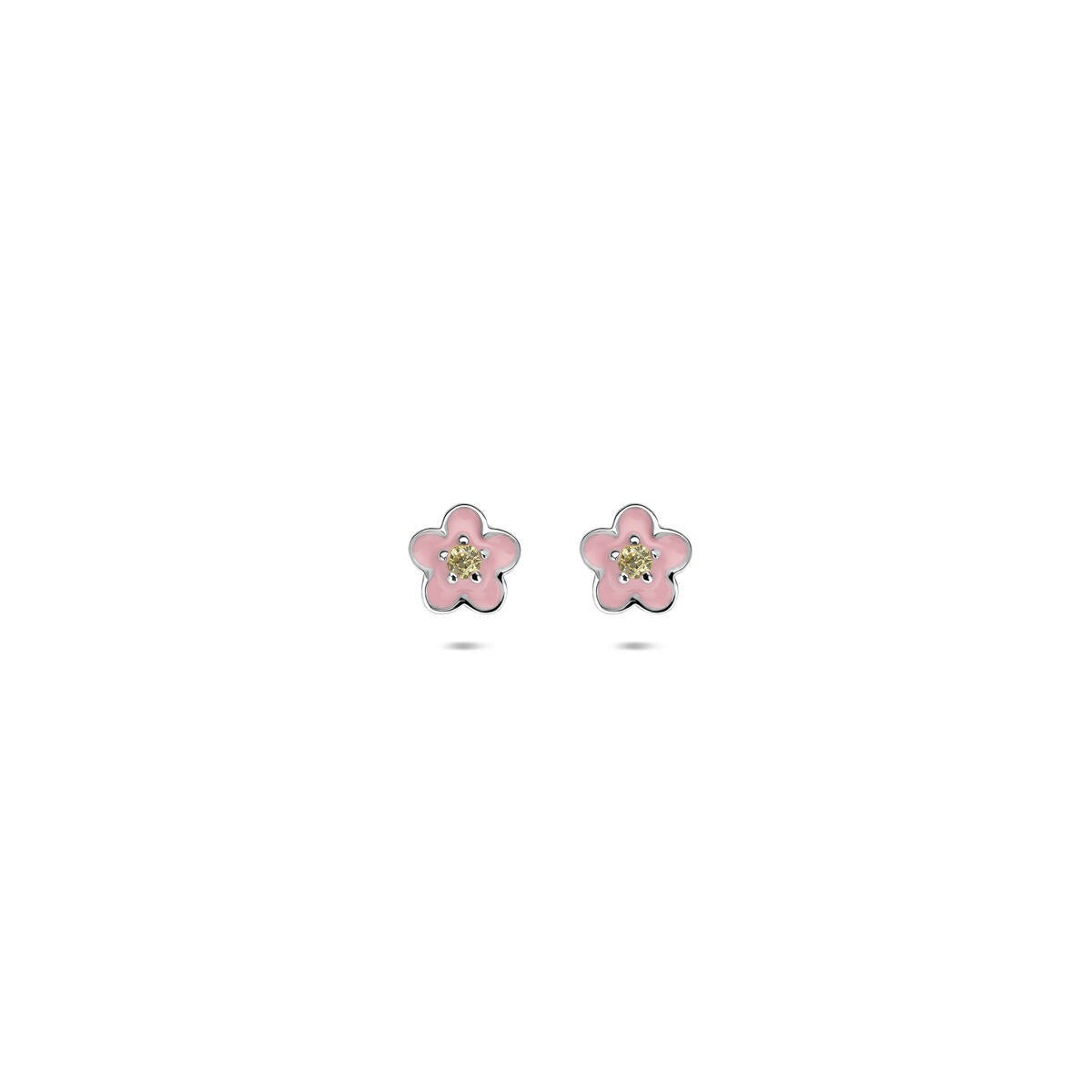 Pendientes de primera puesta de plata con flor de esmalte rosa y circonita amarilla de 5 mm.