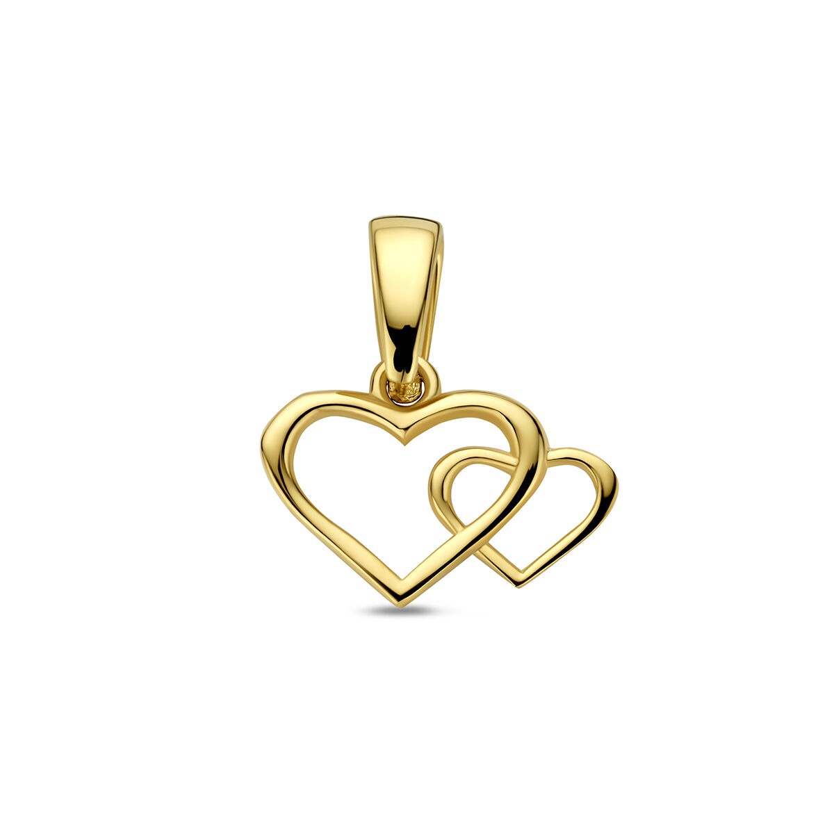 Colgante de oro amarillo de 14k con dos corazones entrelazados.