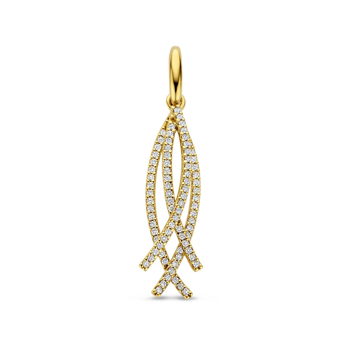 Colgante de oro amarillo de 14k con diamantes en forma de ondas entrelazadas.