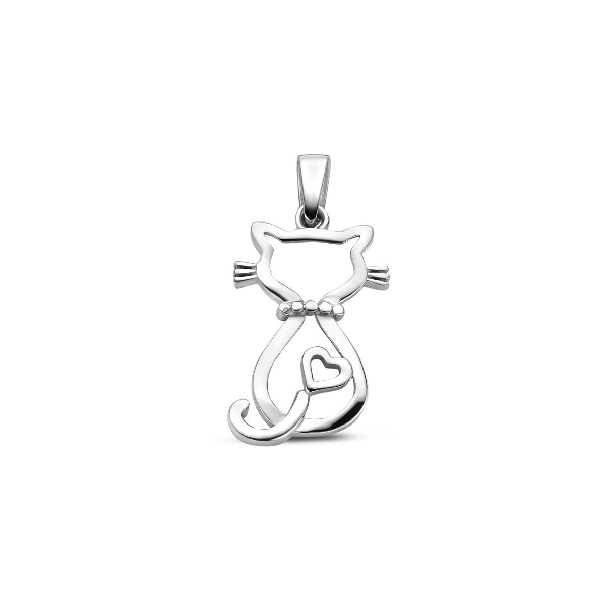 Colgante de gato de plata 925, acabado rodiado, con forma de gato y corazón.