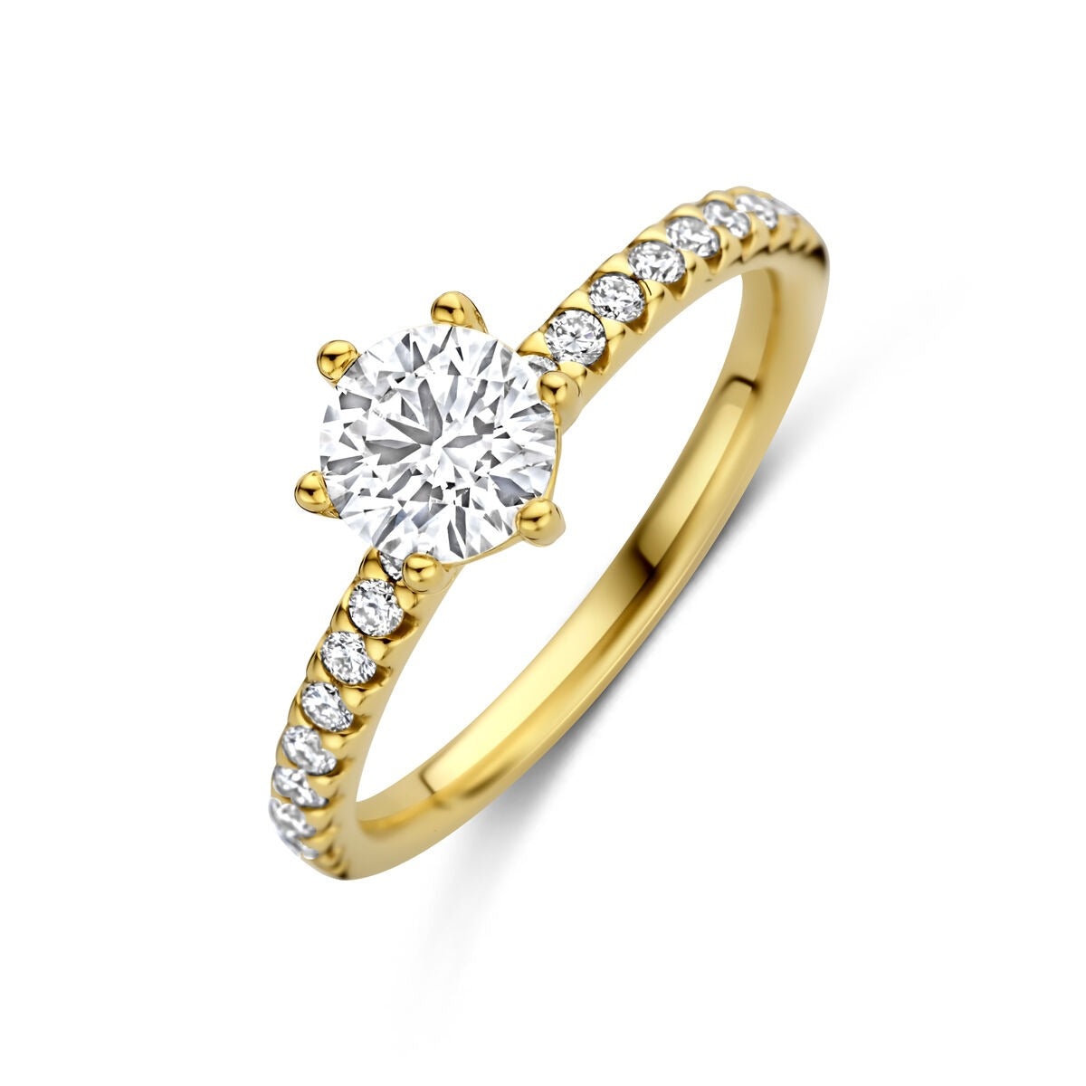 Anillo de dama en oro amarillo de 14k con diamante lab-grown y piedras brillantes en el aro.
