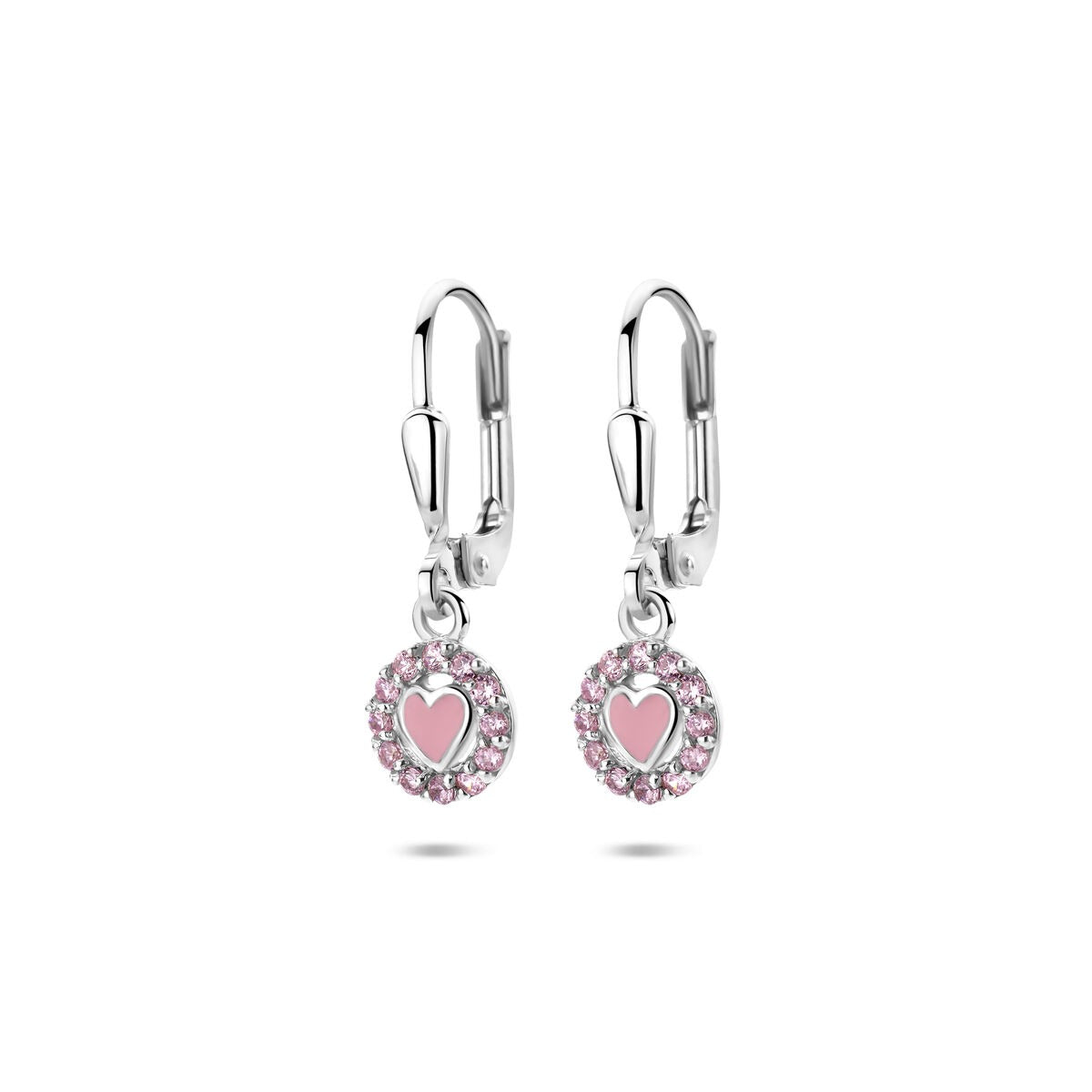 Pendientes largos de plata con corazón de esmalte y circonitas rosas, de 21 mm.
