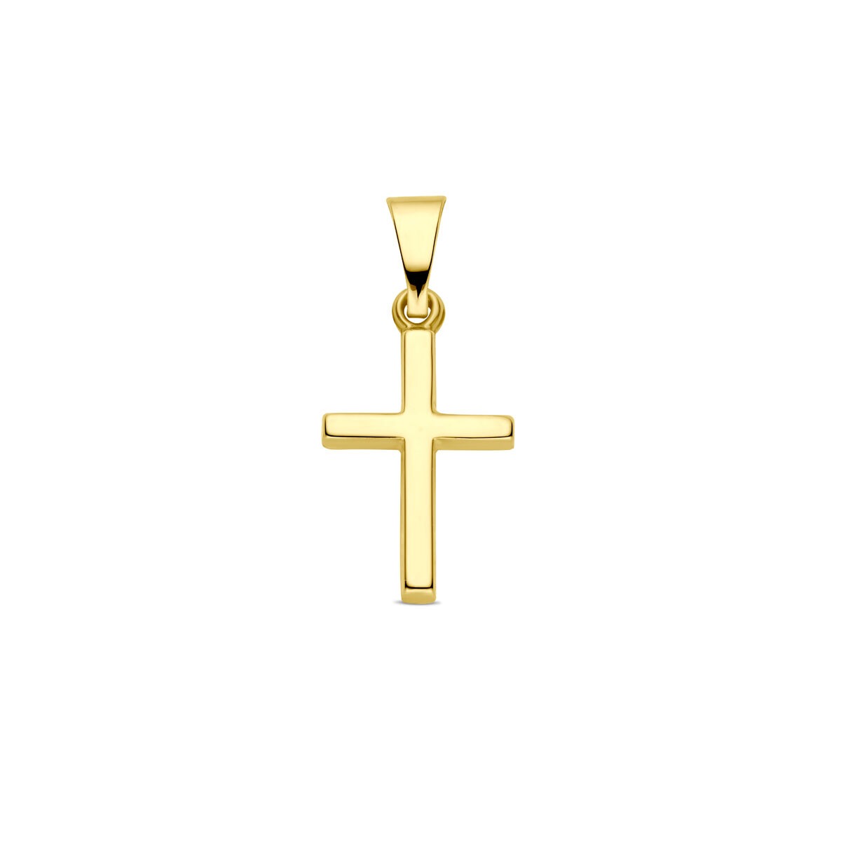 Colgante en forma de cruz de oro amarillo de 9 quilates, con acabado pulido y diseño sencillo.